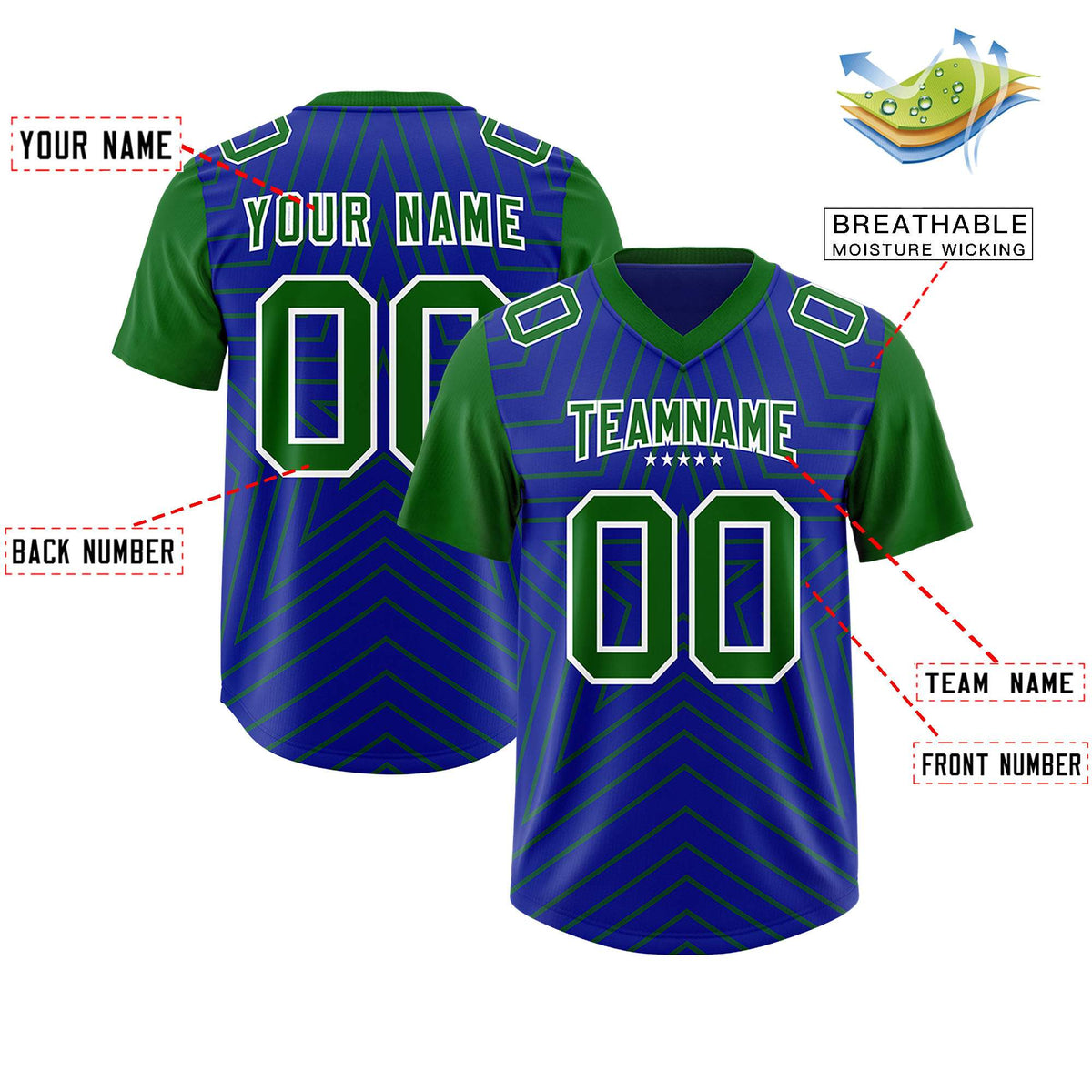 Custom Royal Kelly Green Personalized Star Pattern Raglan Sleeves Authentic Football Jersey
