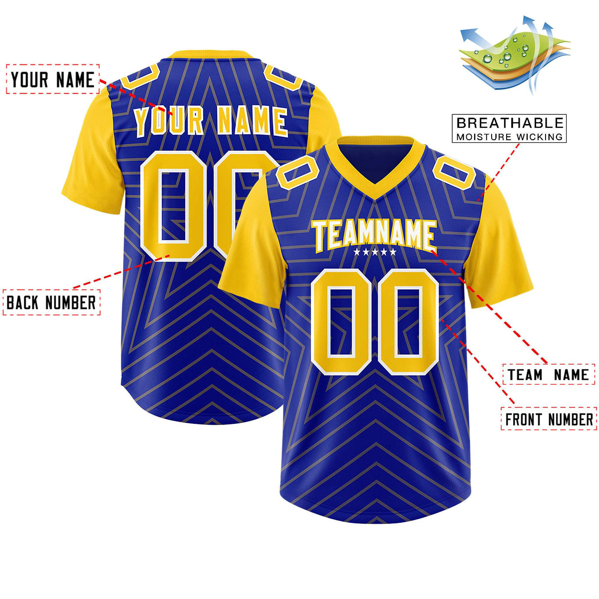 Custom Royal Gold Personalized Star Pattern Raglan Sleeves Authentic Football Jersey