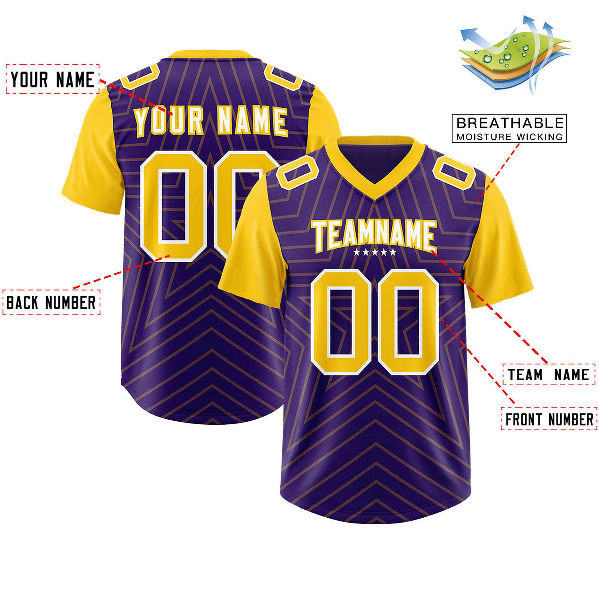 Custom Purple Gold Personalized Star Pattern Raglan Sleeves Authentic Football Jersey