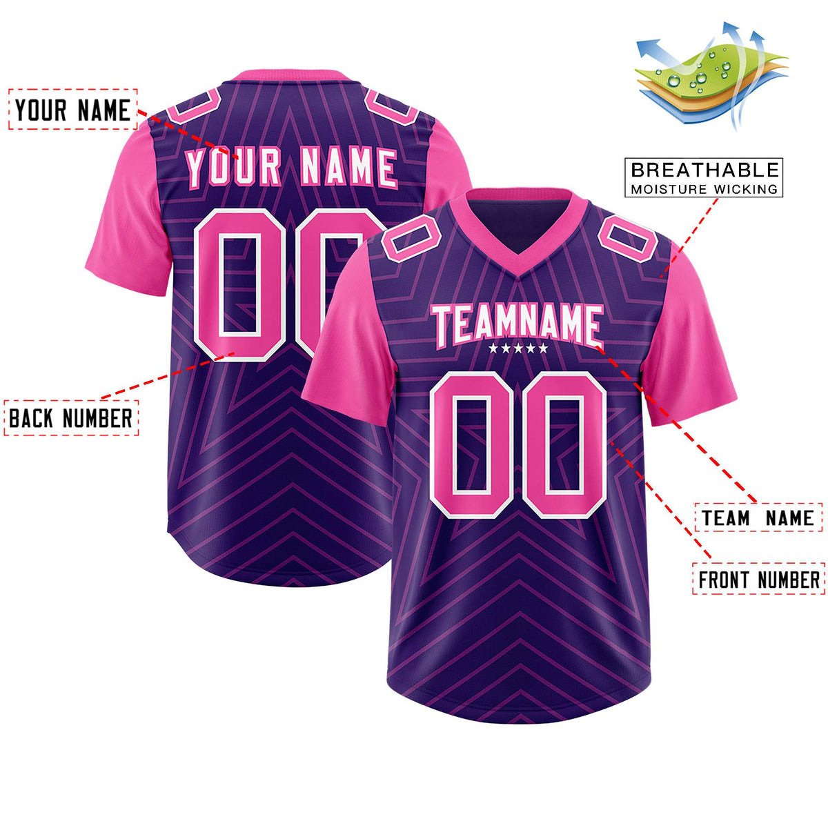 Custom Purple Pink Personalized Star Pattern Raglan Sleeves Authentic Football Jersey