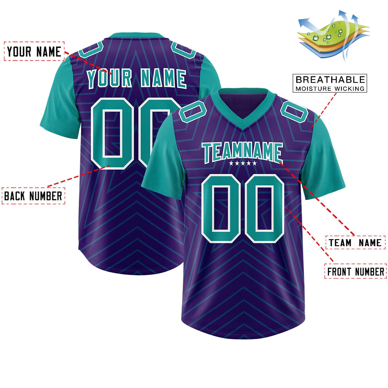 Custom Purple Aqua Personalized Star Pattern Raglan Sleeves Authentic Football Jersey
