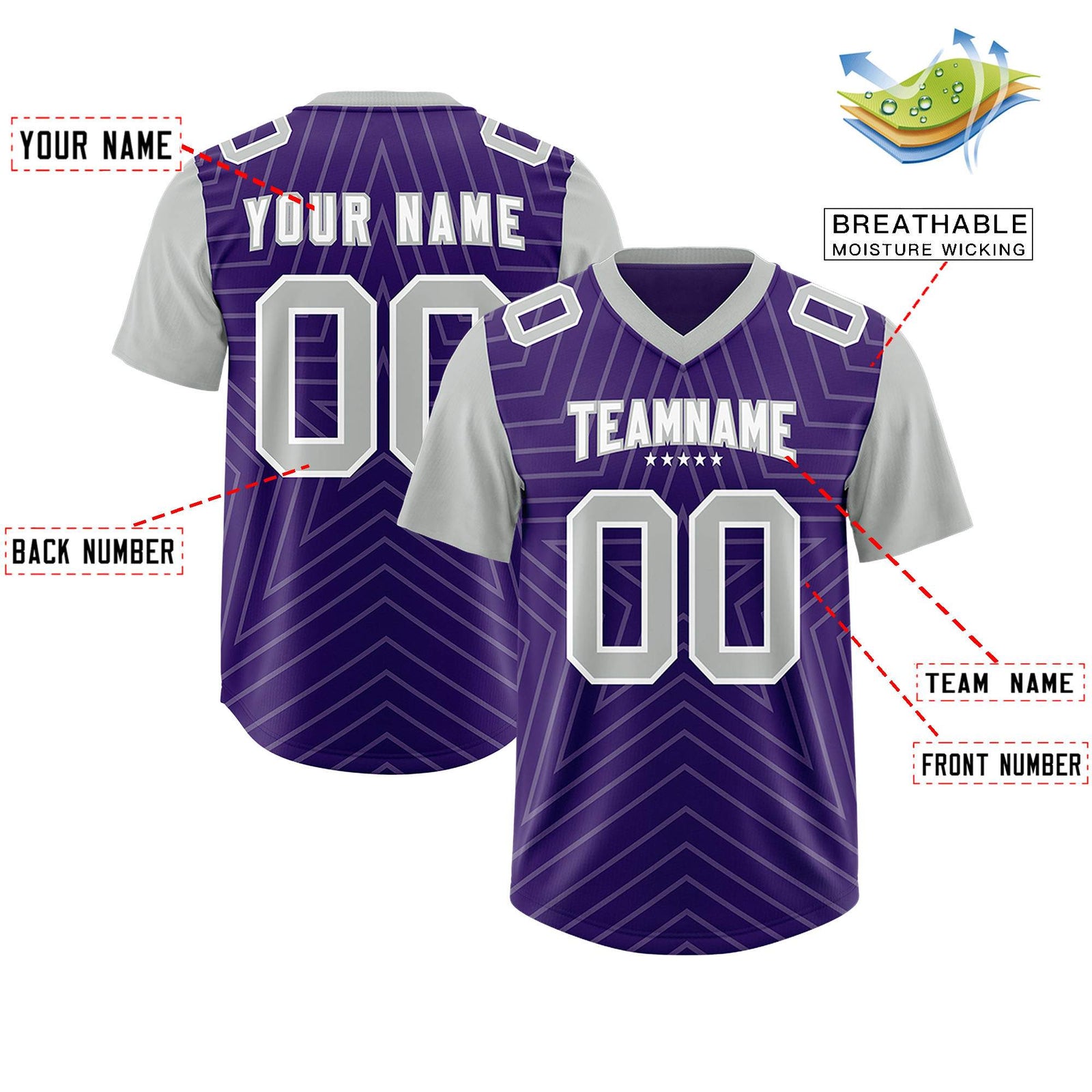 Custom Purple Gray Personalized Star Pattern Raglan Sleeves Authentic Football Jersey