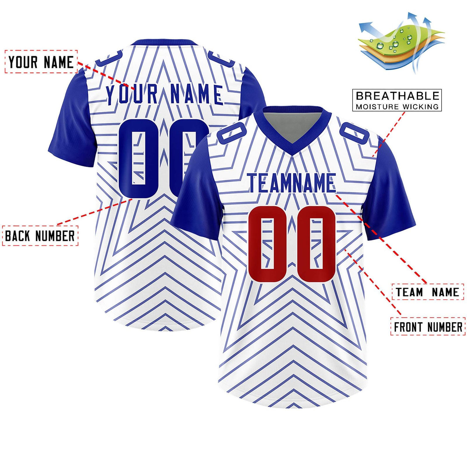 Custom White Royal Personalized Star Pattern Raglan Sleeves Authentic Football Jersey