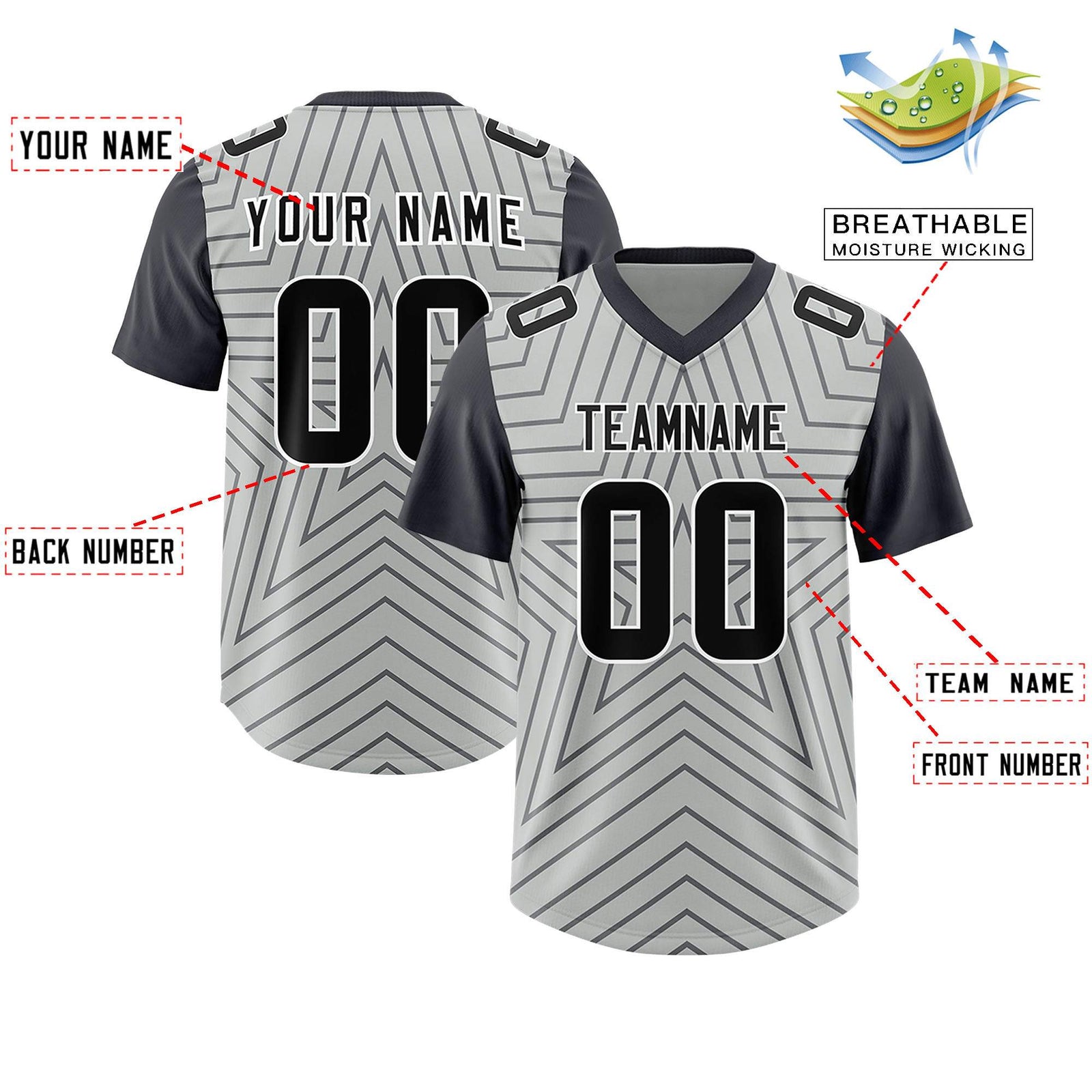 Custom Gray Dark Gray Personalized Star Pattern Raglan Sleeves Authentic Football Jersey