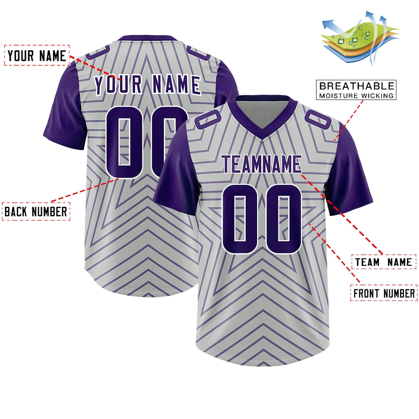 Custom Gray Purple Personalized Star Pattern Raglan Sleeves Authentic Football Jersey