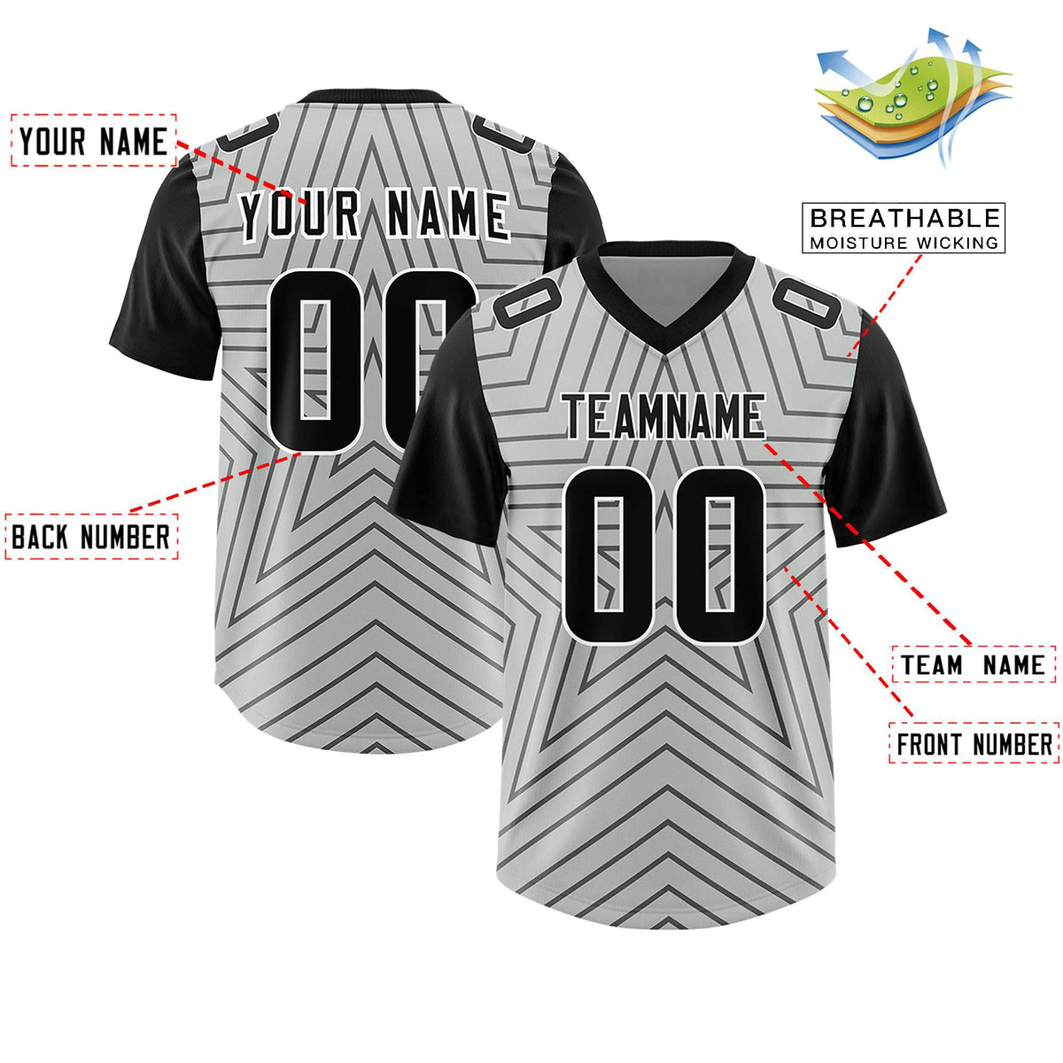 Custom Gray Black Personalized Star Pattern Raglan Sleeves Authentic Football Jersey