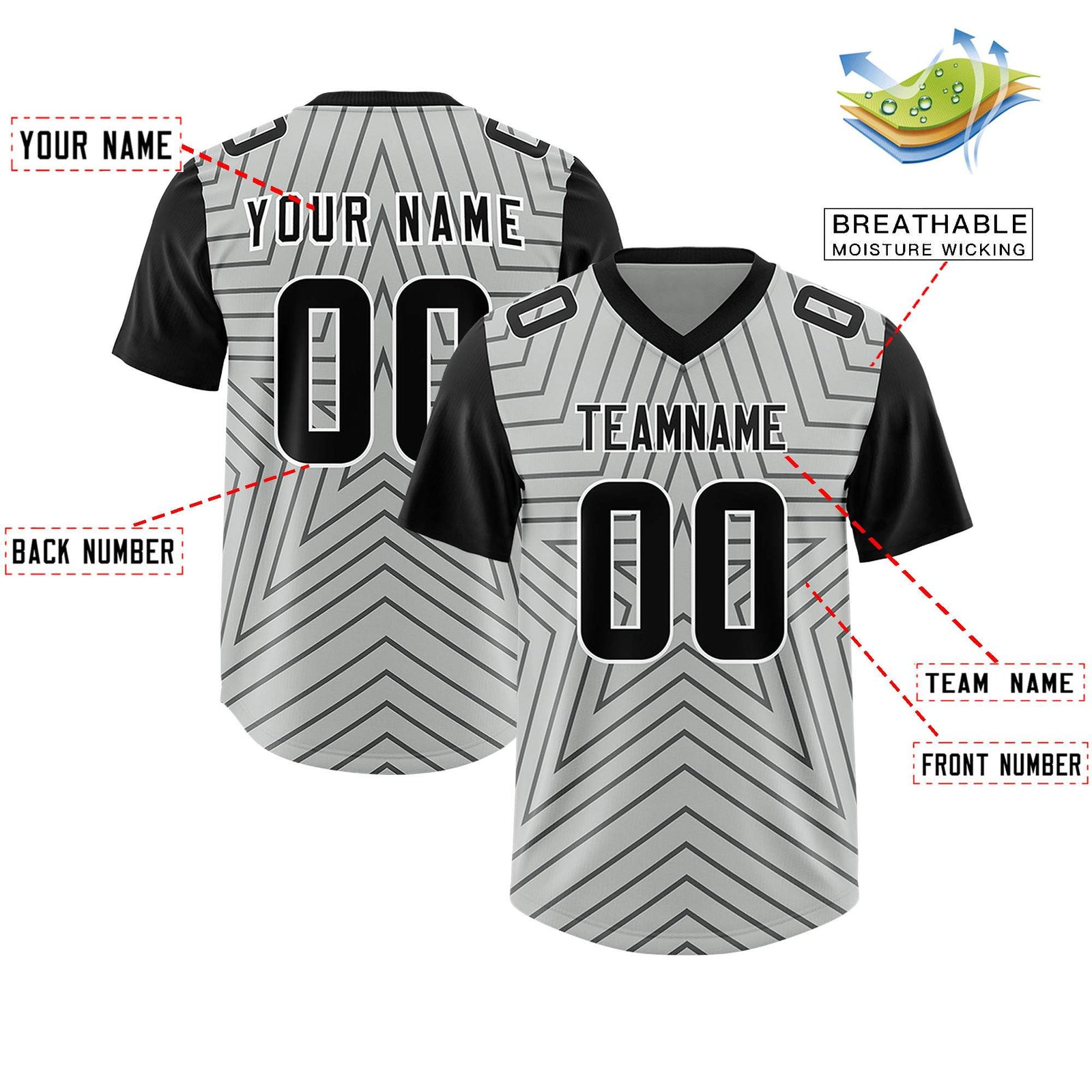 Custom Gray Black Personalized Star Pattern Raglan Sleeves Authentic Football Jersey