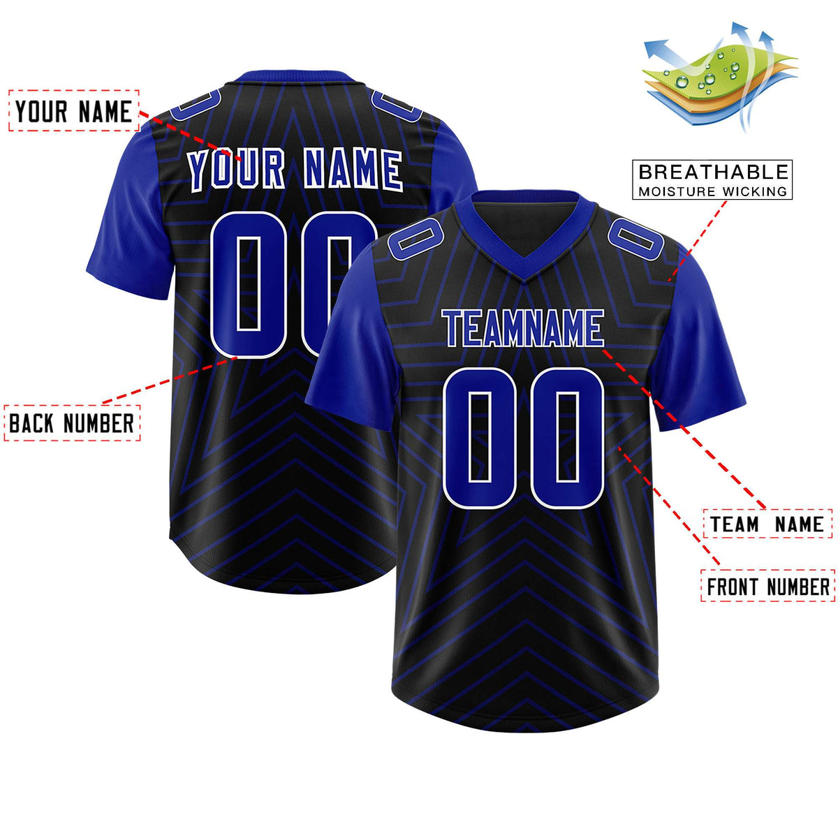 Custom Black Royal Personalized Star Pattern Raglan Sleeves Authentic Football Jersey