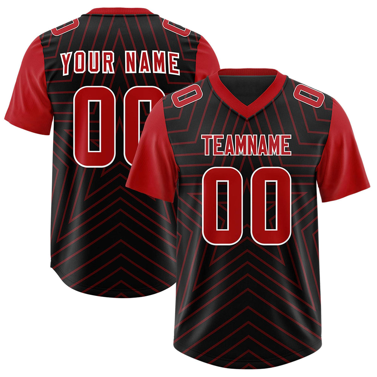 Custom Black Red Personalized Star Pattern Raglan Sleeves Authentic Football Jersey