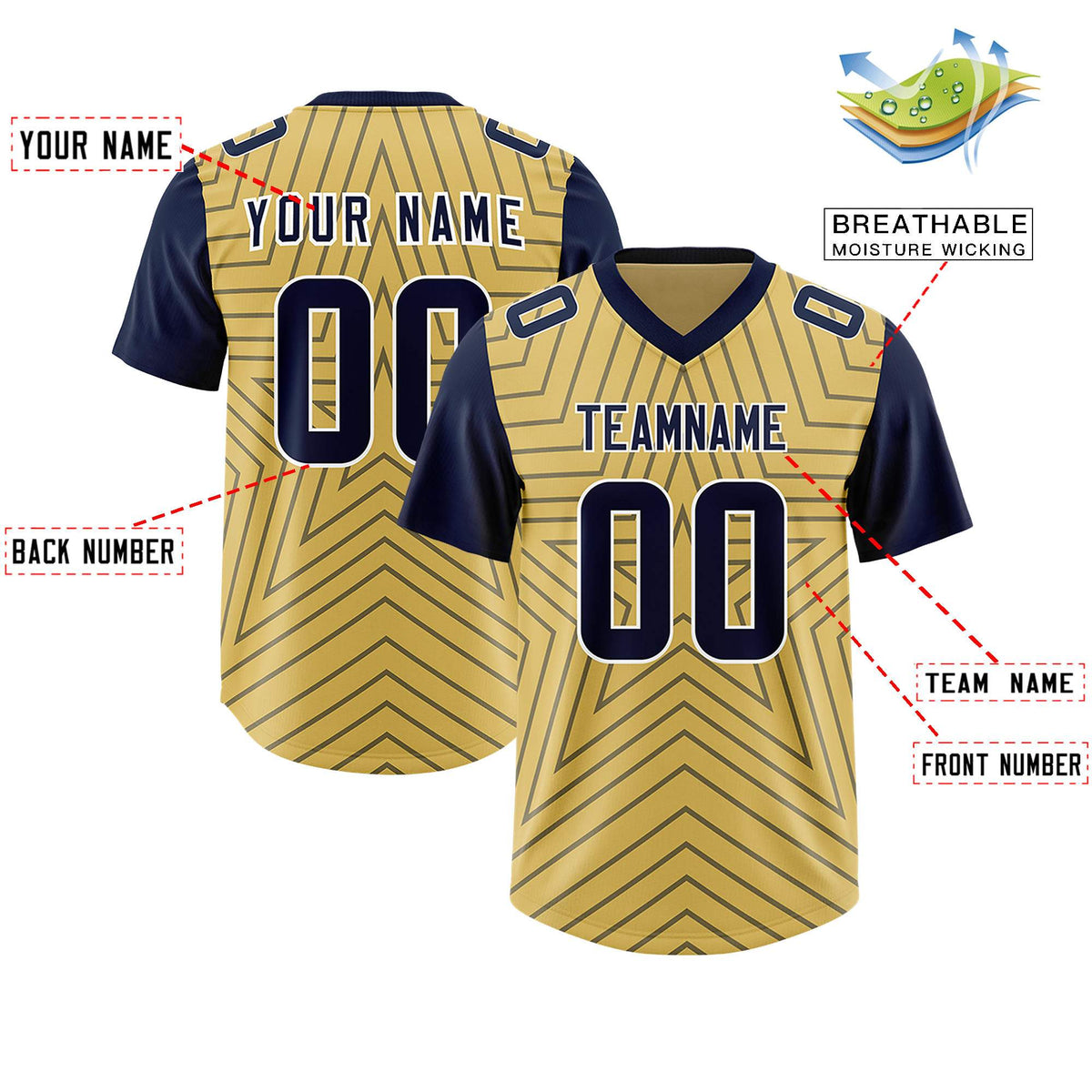 Custom Old Gold Navy Personalized Star Pattern Raglan Sleeves Authentic Football Jersey
