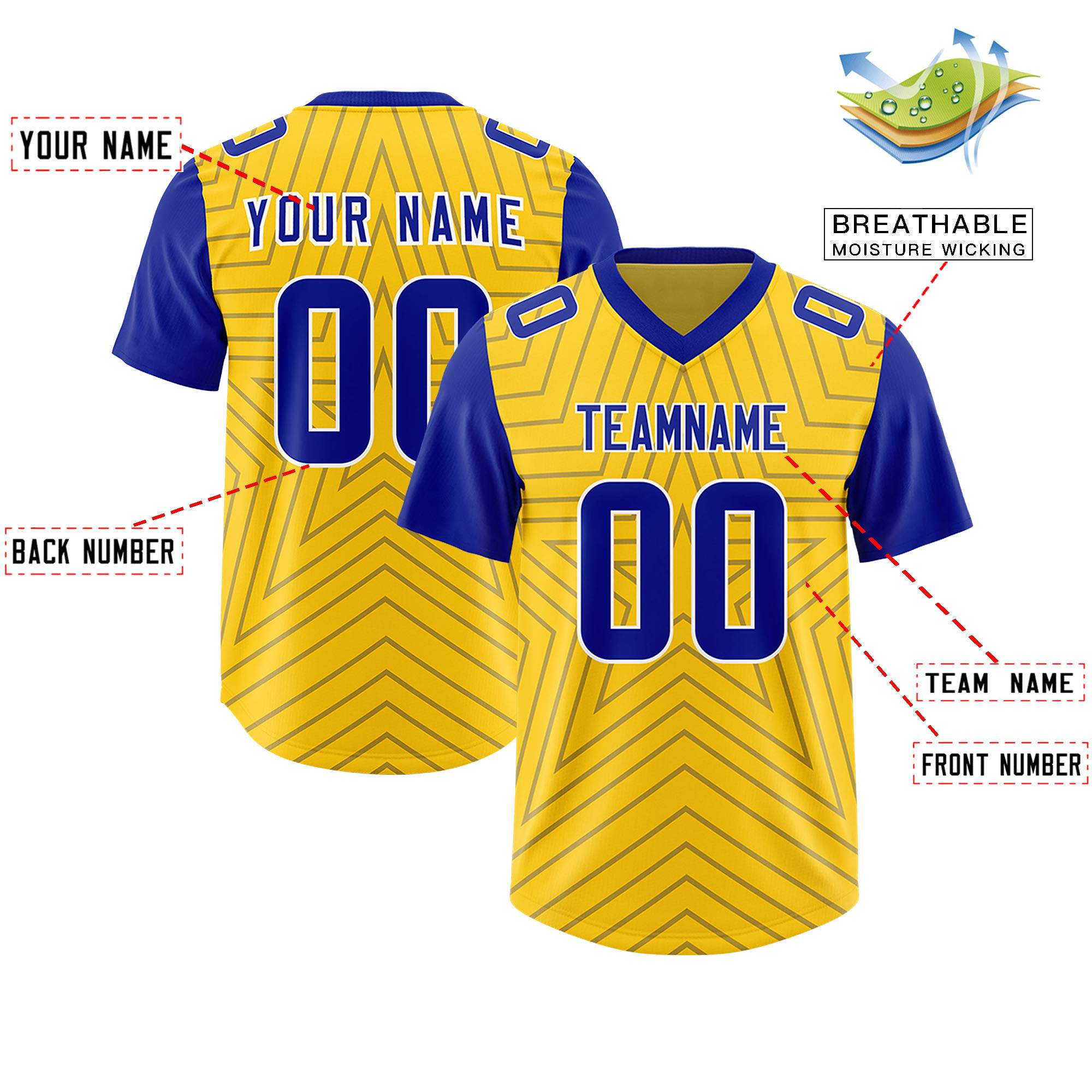 Custom Gold Royal Personalized Star Pattern Raglan Sleeves Authentic Football Jersey