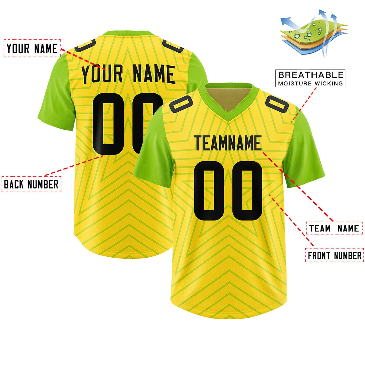 Custom Gold Neon Green Personalized Star Pattern Raglan Sleeves Authentic Football Jersey