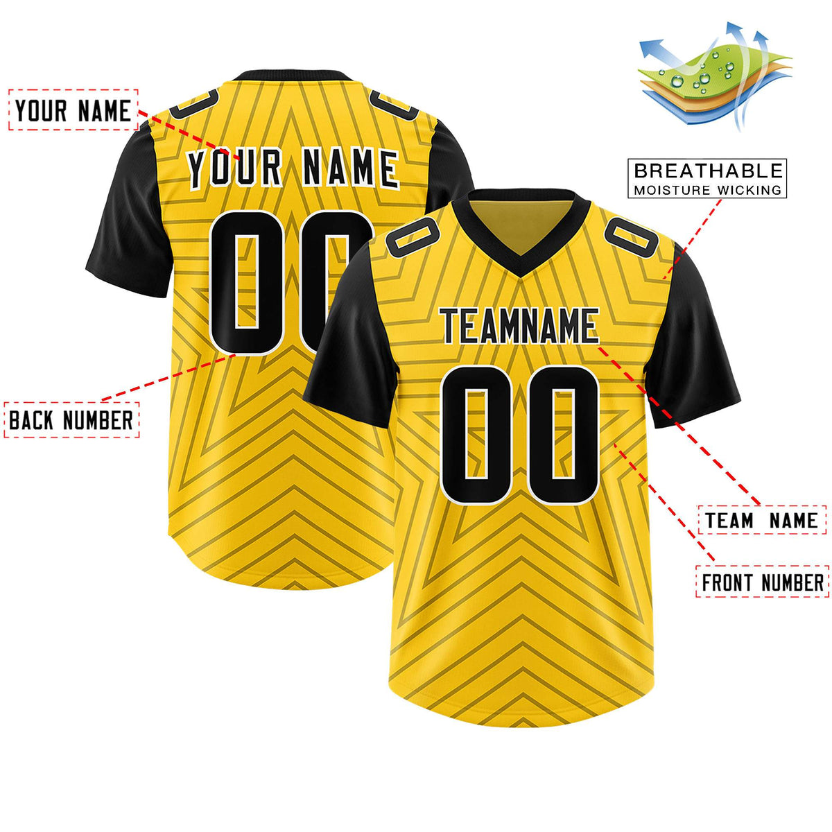 Custom Gold Black Personalized Star Pattern Raglan Sleeves Authentic Football Jersey