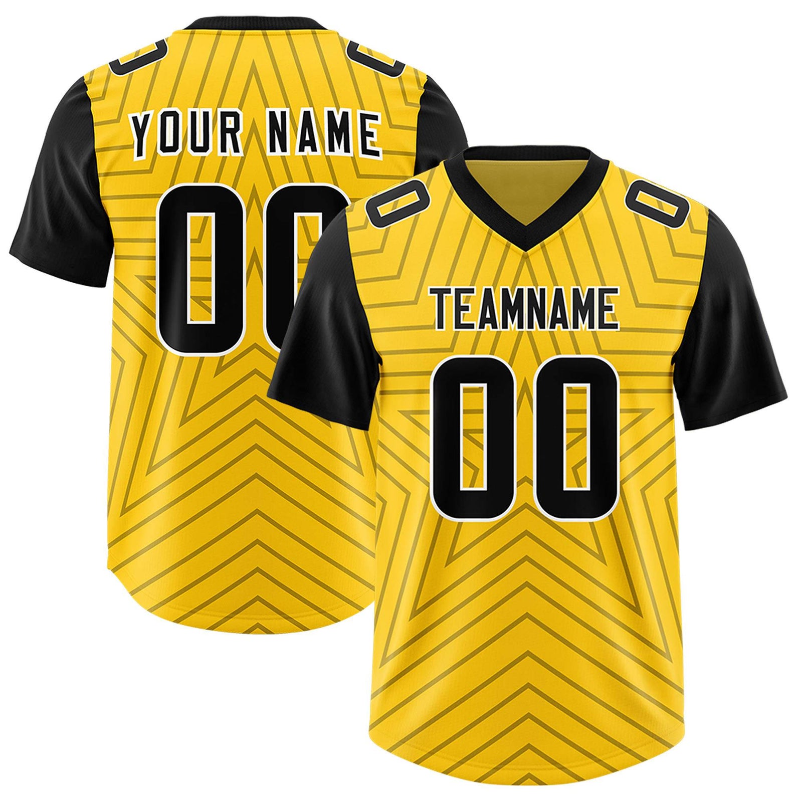 Custom Gold Black Personalized Star Pattern Raglan Sleeves Authentic Football Jersey