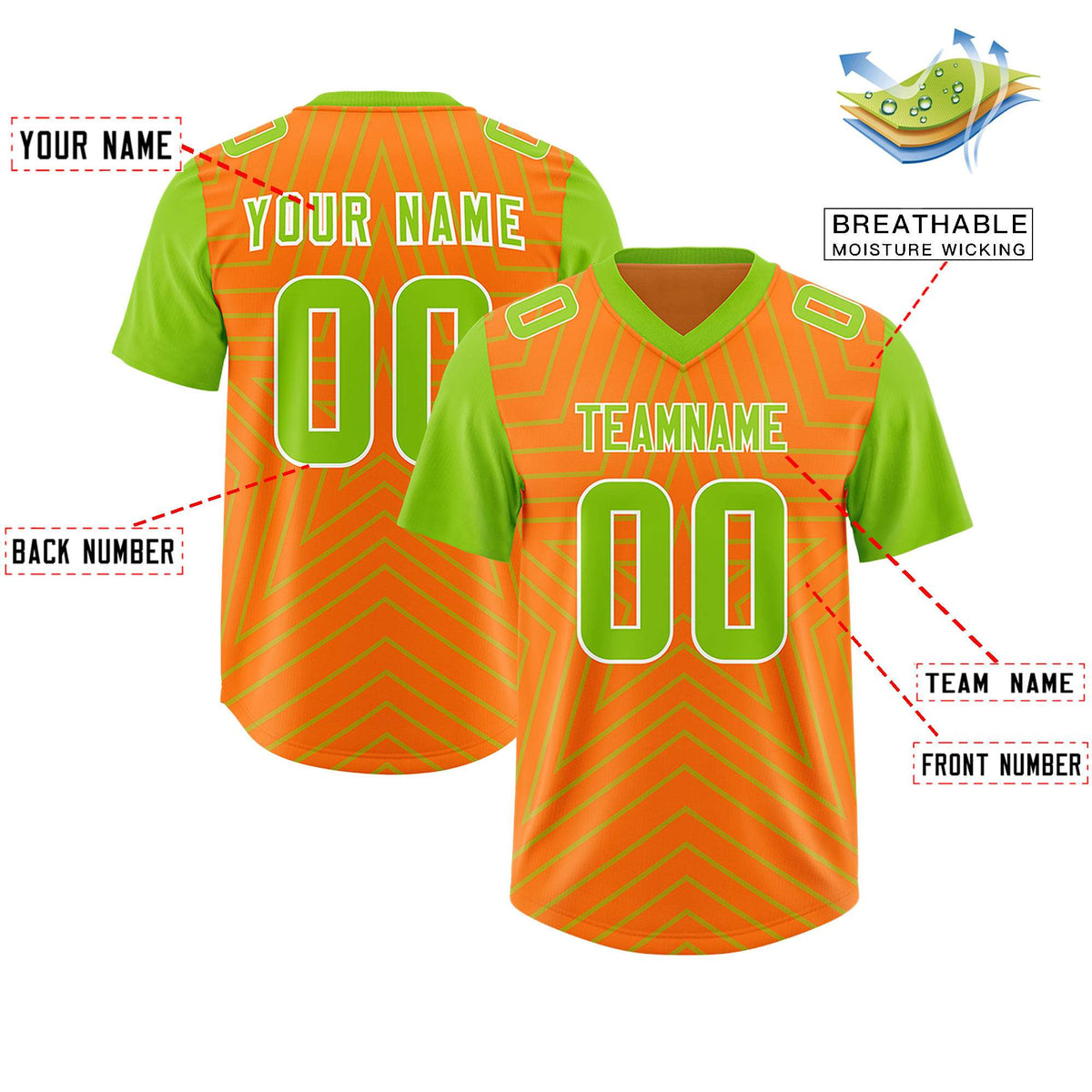 Custom Orange Neon Green Personalized Star Pattern Raglan Sleeves Authentic Football Jersey