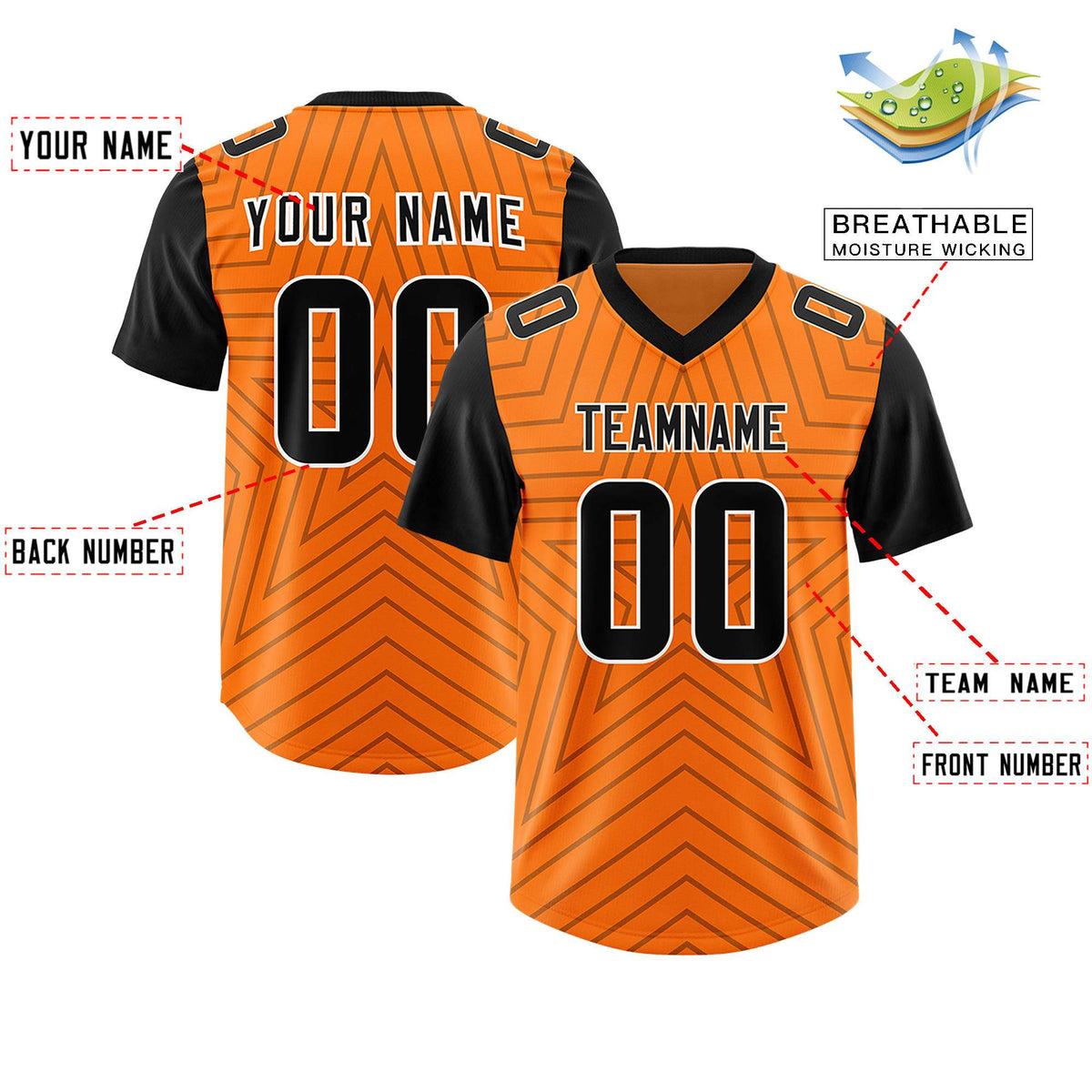 Custom Orange Black Personalized Star Pattern Raglan Sleeves Authentic Football Jersey