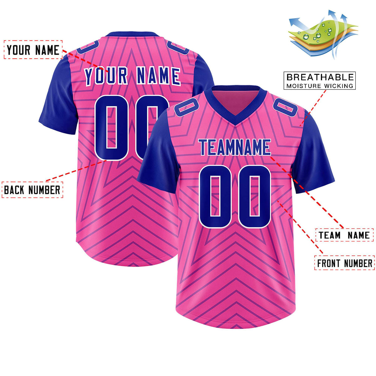 Custom Pink Royal Personalized Star Pattern Raglan Sleeves Authentic Football Jersey
