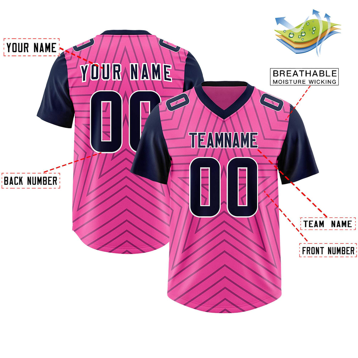 Custom Pink Navy Personalized Star Pattern Raglan Sleeves Authentic Football Jersey