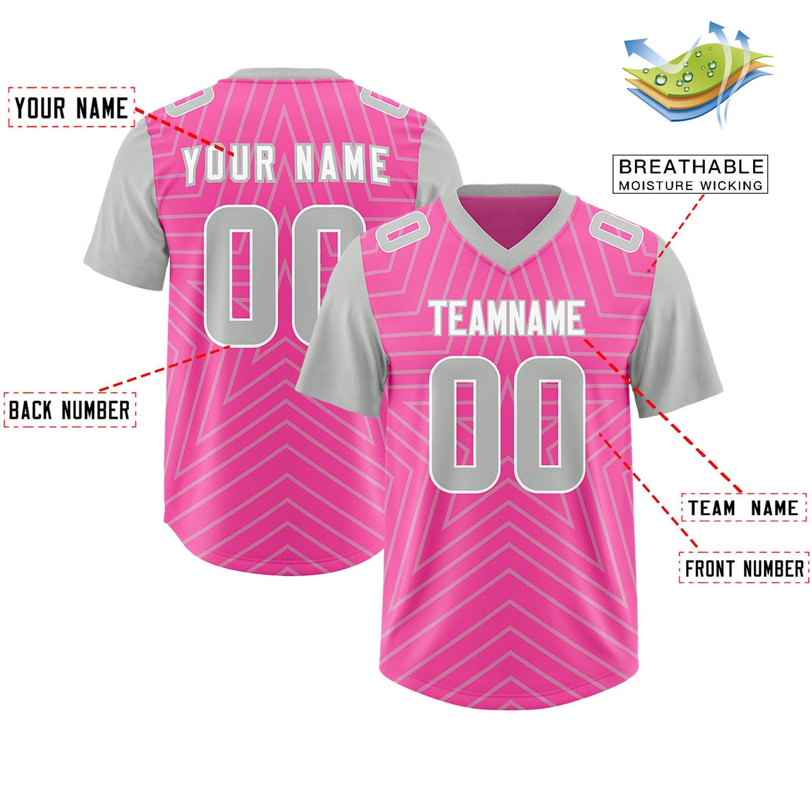 Custom Pink Gray Personalized Star Pattern Raglan Sleeves Authentic Football Jersey