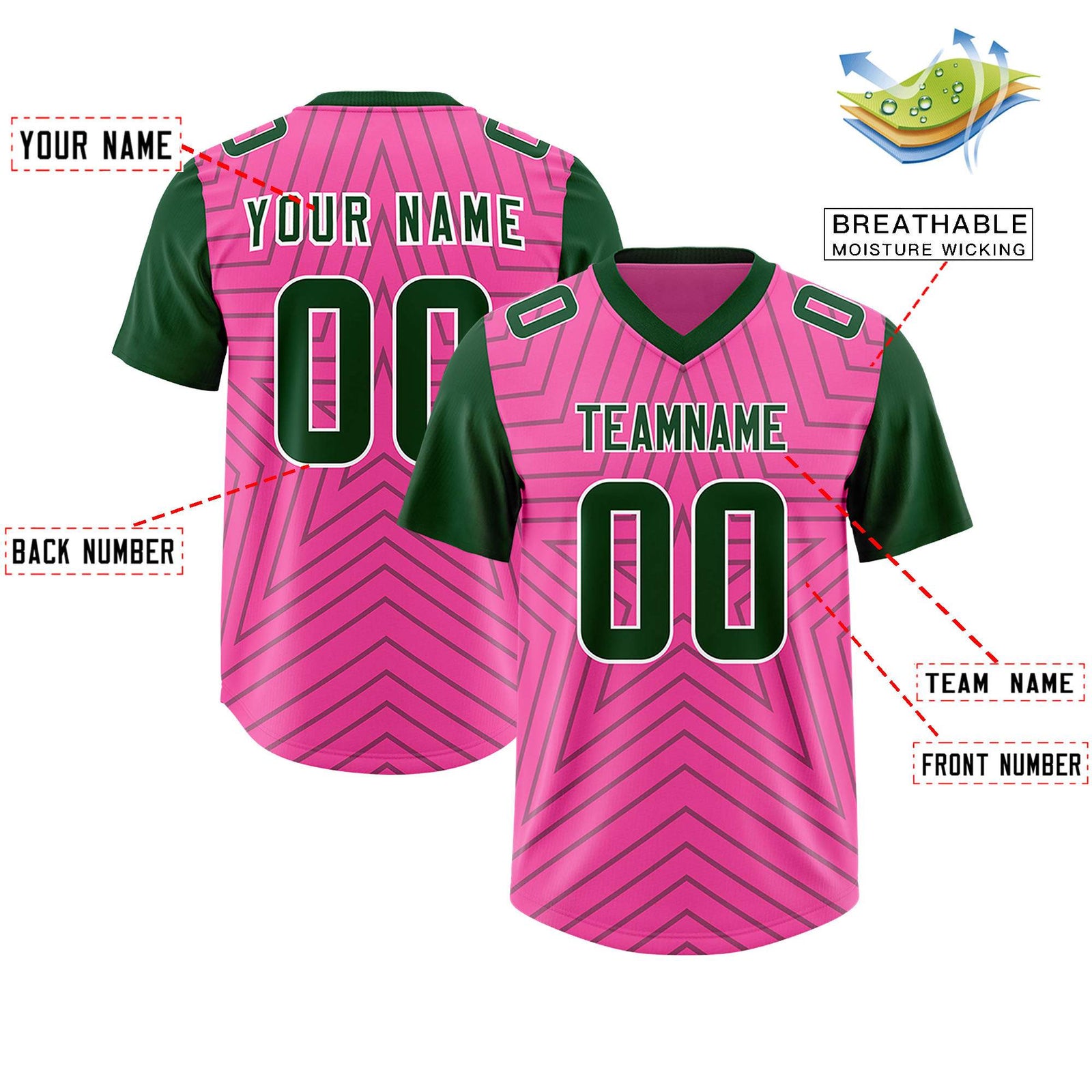 Custom Pink Green Personalized Star Pattern Raglan Sleeves Authentic Football Jersey