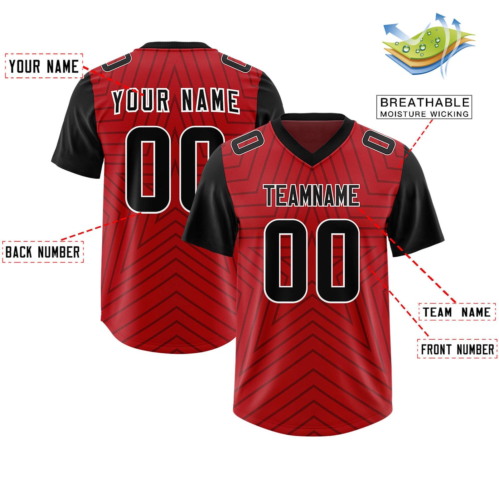 Custom Red Black Personalized Star Pattern Raglan Sleeves Authentic Football Jersey