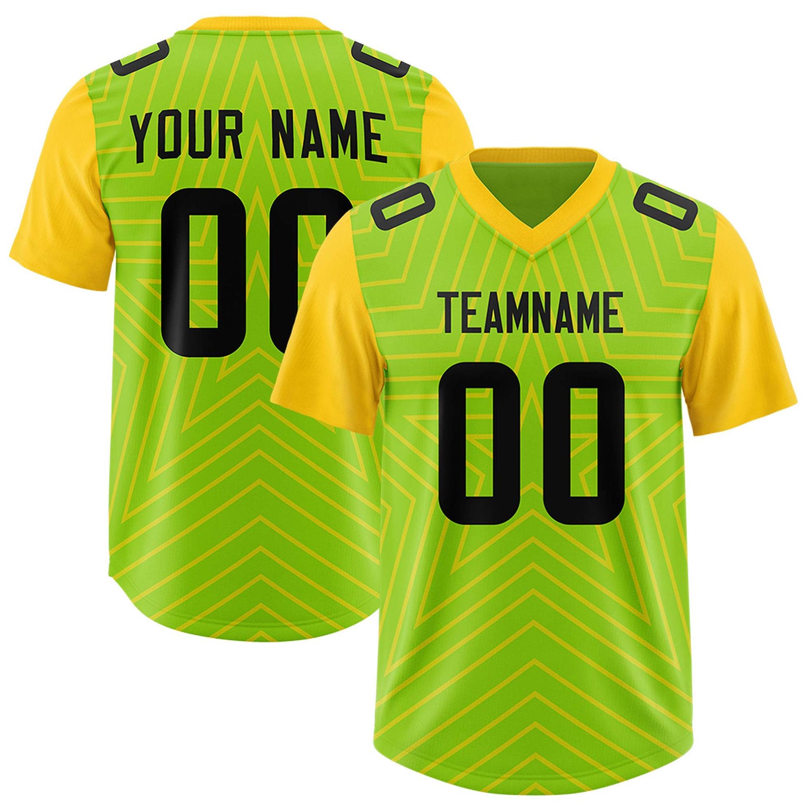 Custom Neon Green Gold Personalized Star Pattern Raglan Sleeves Authentic Football Jersey