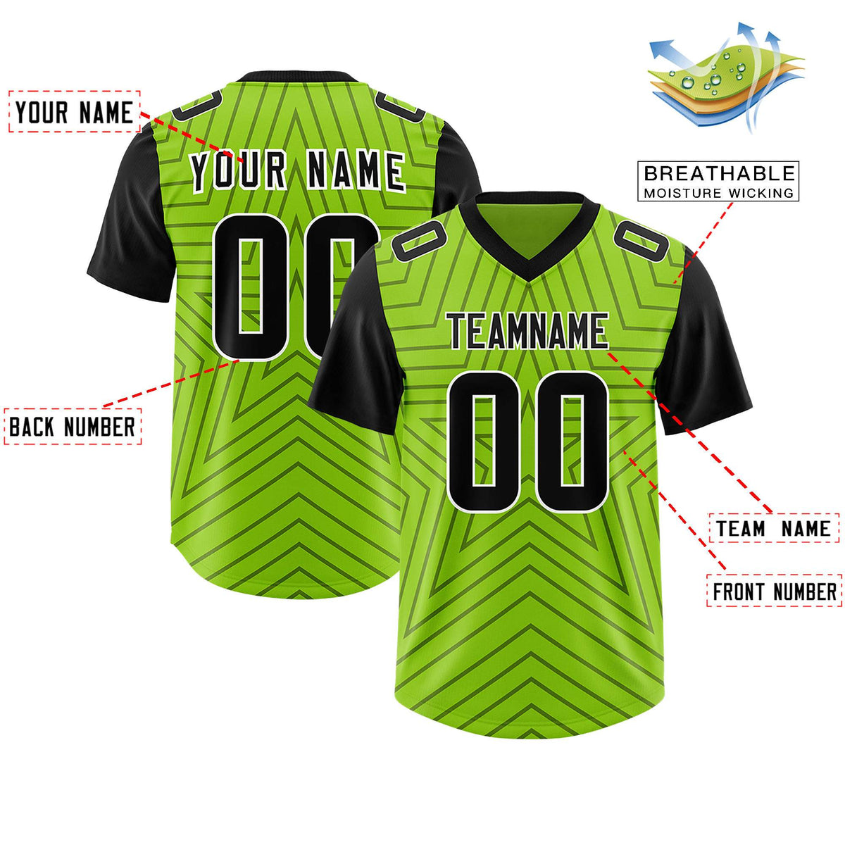 Custom Neon Green Black Personalized Star Pattern Raglan Sleeves Authentic Football Jersey