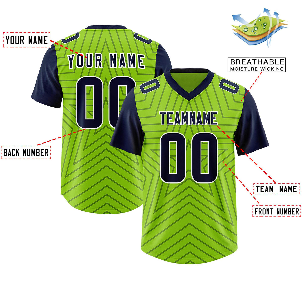 Custom Neon Green Navy Personalized Star Pattern Raglan Sleeves Authentic Football Jersey
