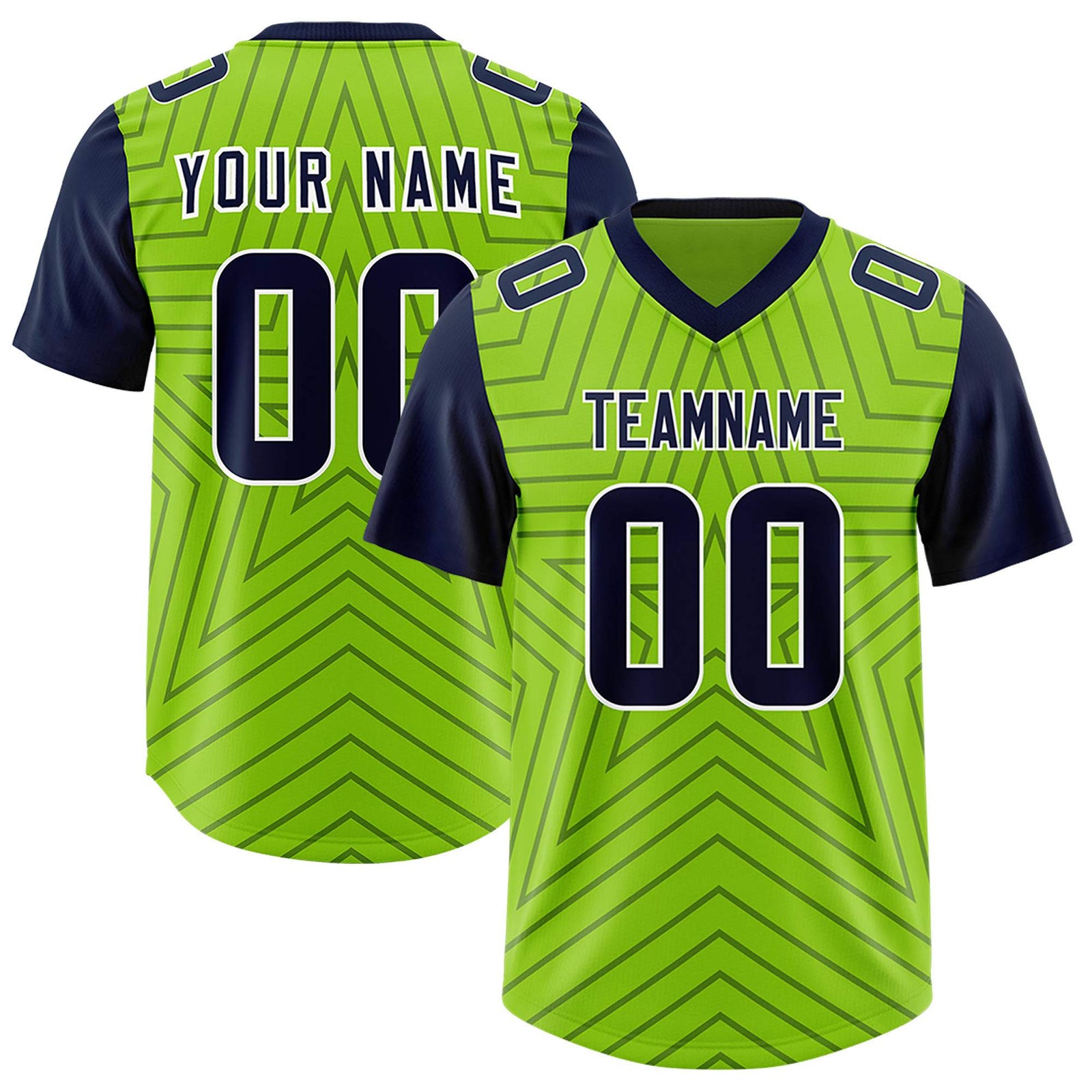 Custom Neon Green Navy Personalized Star Pattern Raglan Sleeves Authentic Football Jersey