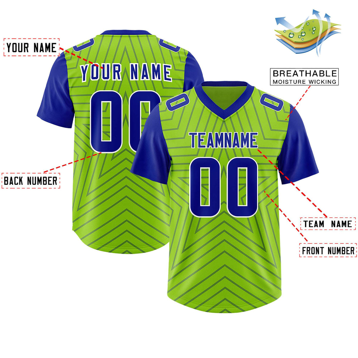 Custom Neon Green Royal Personalized Star Pattern Raglan Sleeves Authentic Football Jersey