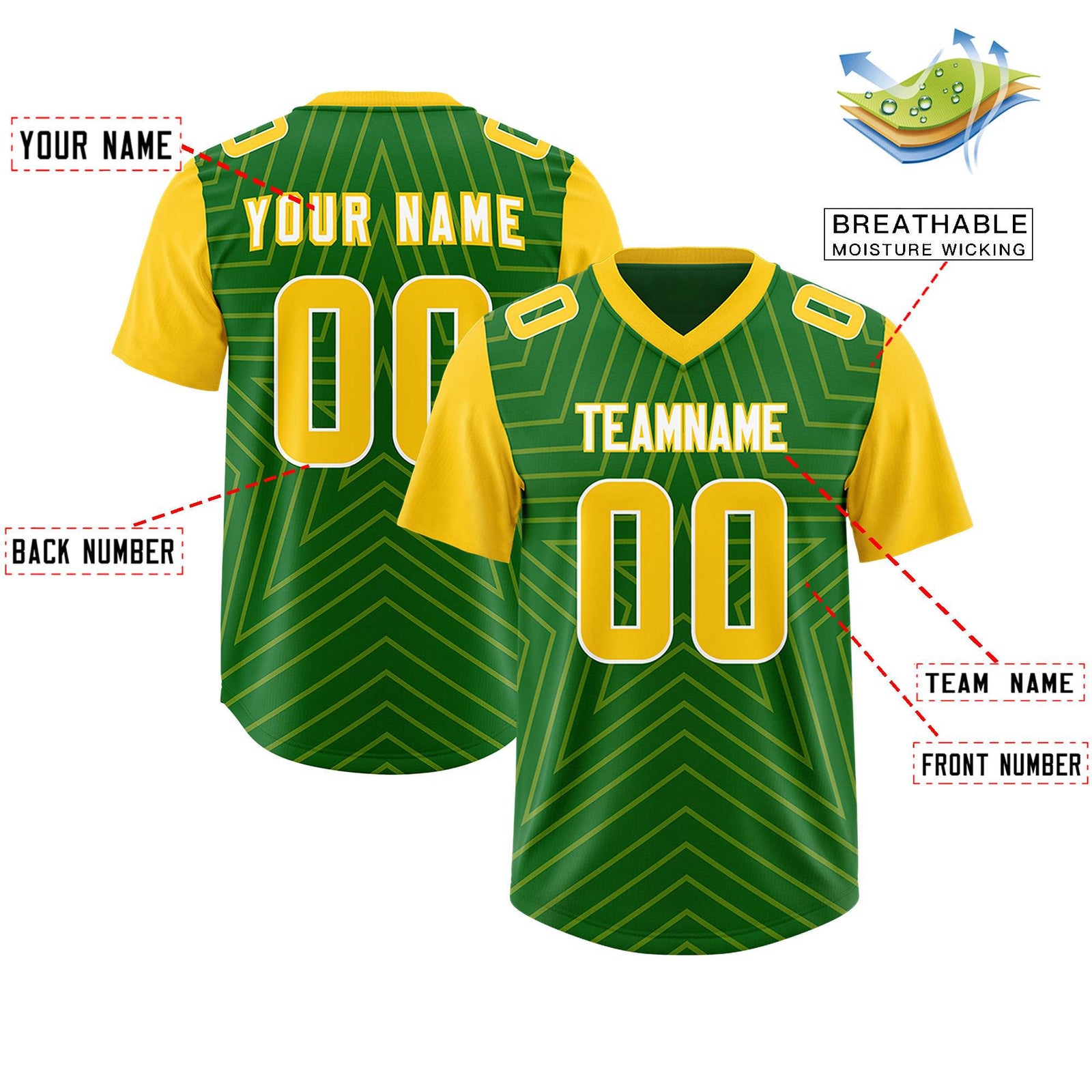 Custom Kelly Green Gold Personalized Star Pattern Raglan Sleeves Authentic Football Jersey