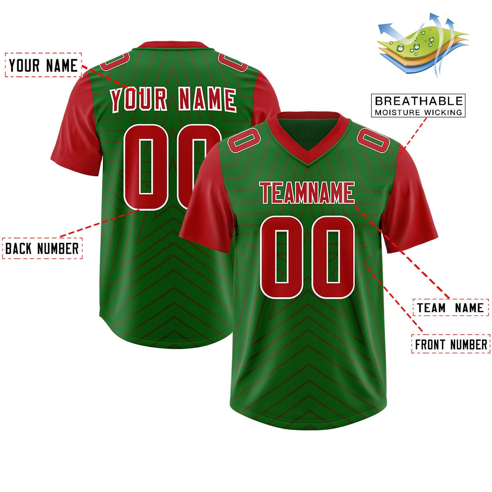 Custom Kelly Green Red Personalized Star Pattern Raglan Sleeves Authentic Football Jersey