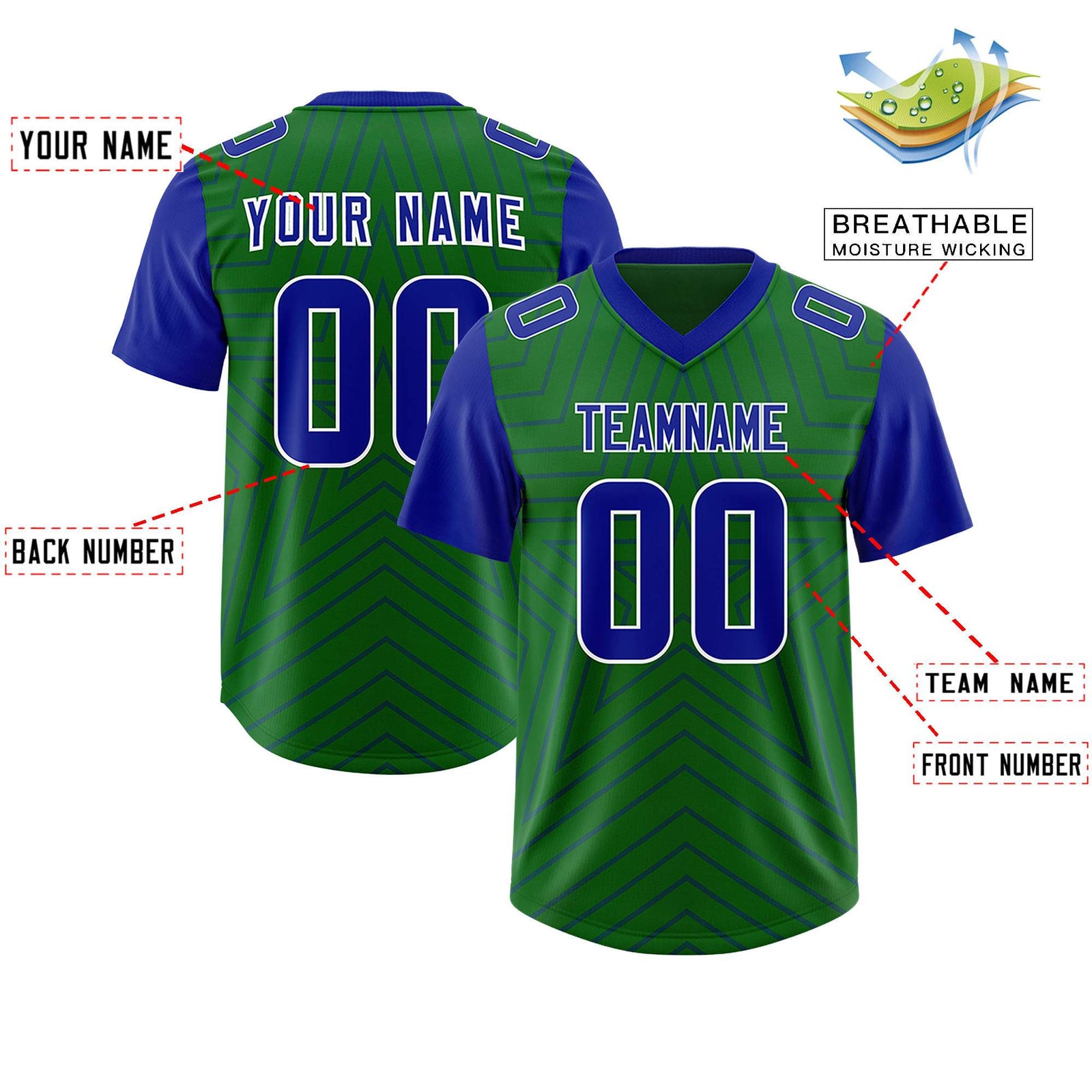 Custom Kelly Green Royal Personalized Star Pattern Raglan Sleeves Authentic Football Jersey