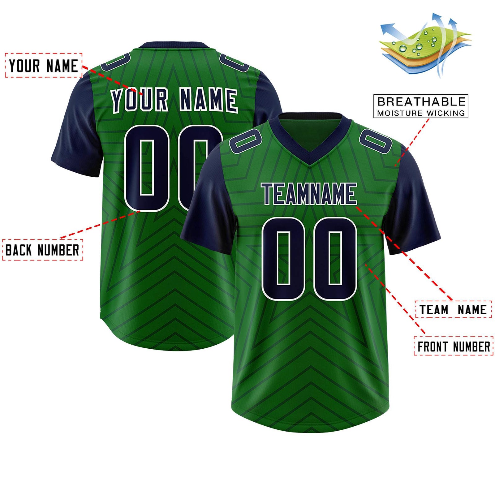 Custom Kelly Green Navy Personalized Star Pattern Raglan Sleeves Authentic Football Jersey