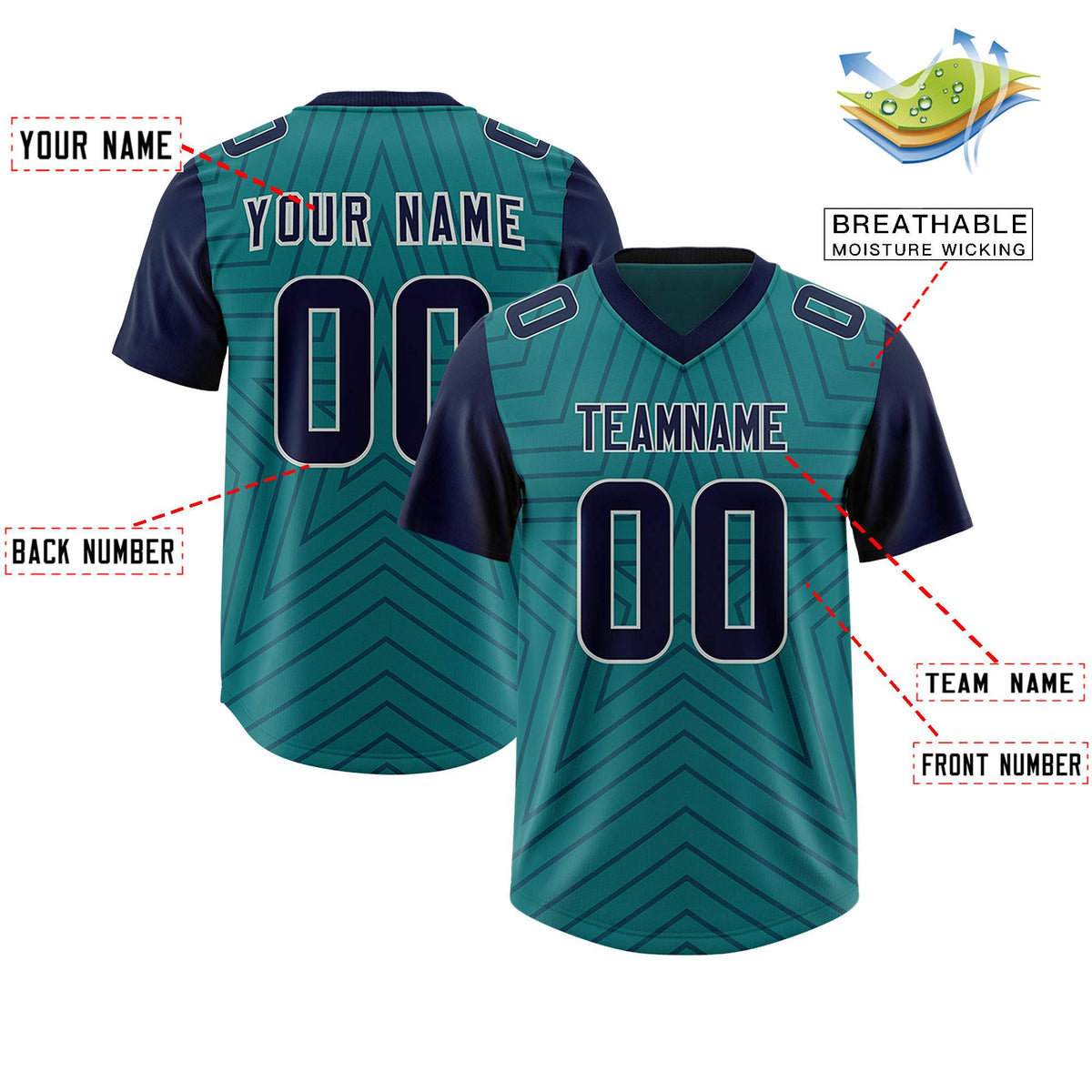 Custom Aqua Navy Personalized Star Pattern Raglan Sleeves Authentic Football Jersey
