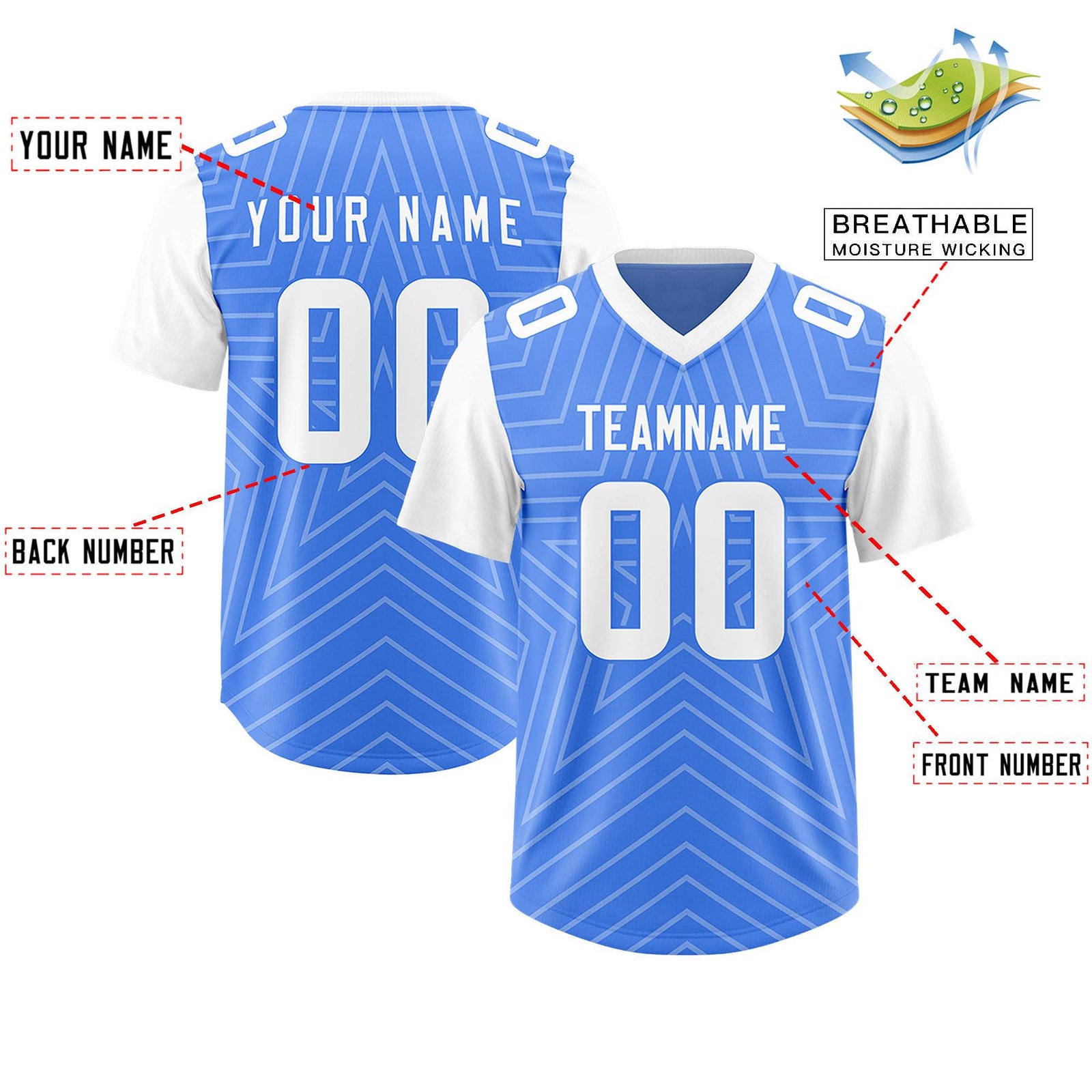 Custom Powder Blue White Personalized Star Pattern Raglan Sleeves Authentic Football Jersey