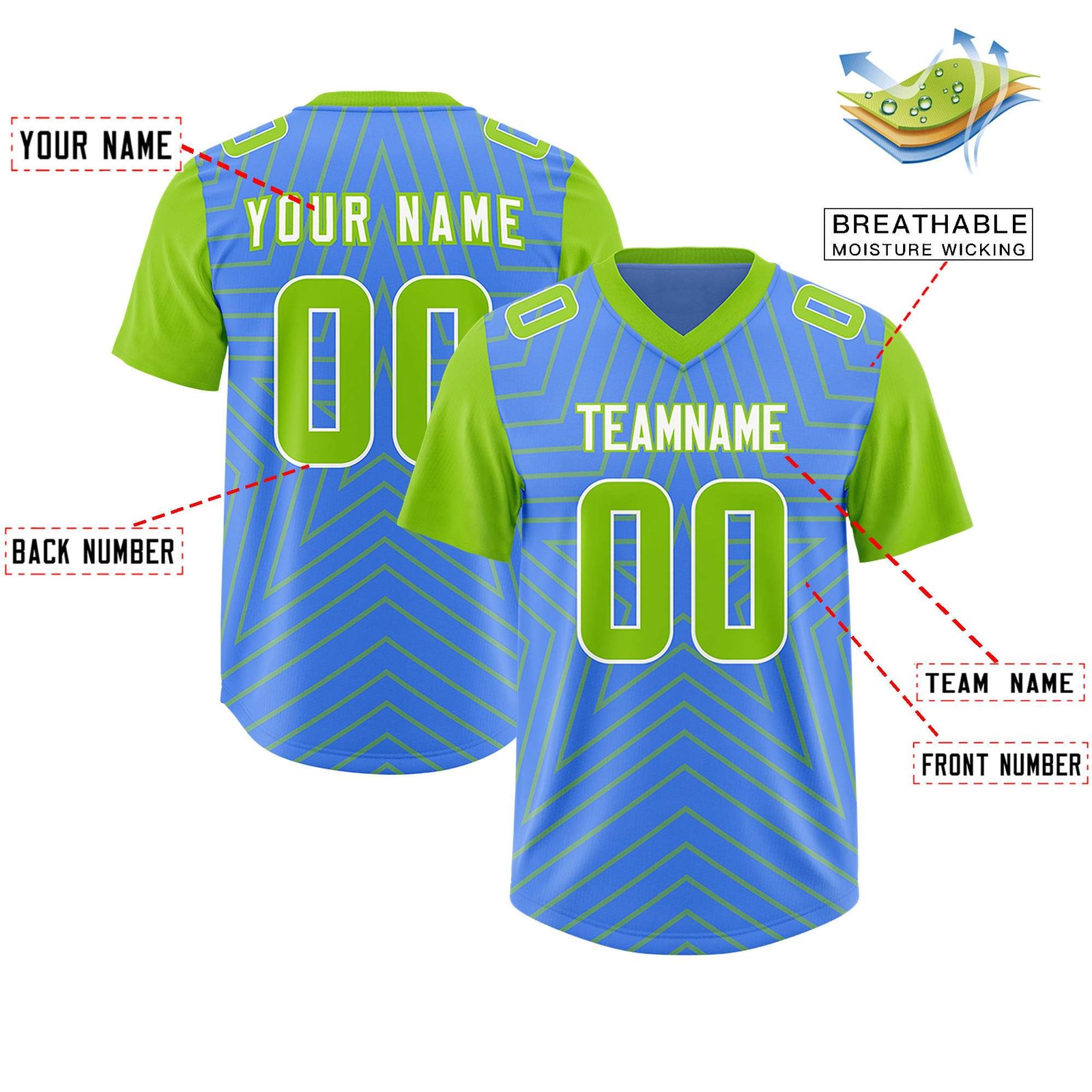 Custom Powder Blue Neon Green Personalized Star Pattern Raglan Sleeves Authentic Football Jersey