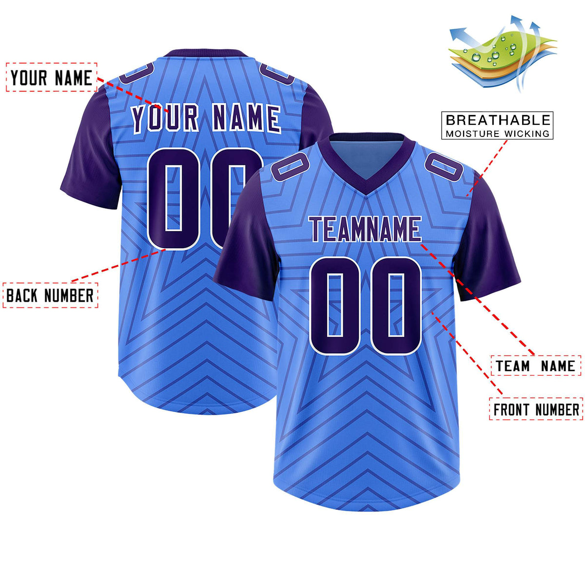 Custom Powder Blue Purple Personalized Star Pattern Raglan Sleeves Authentic Football Jersey