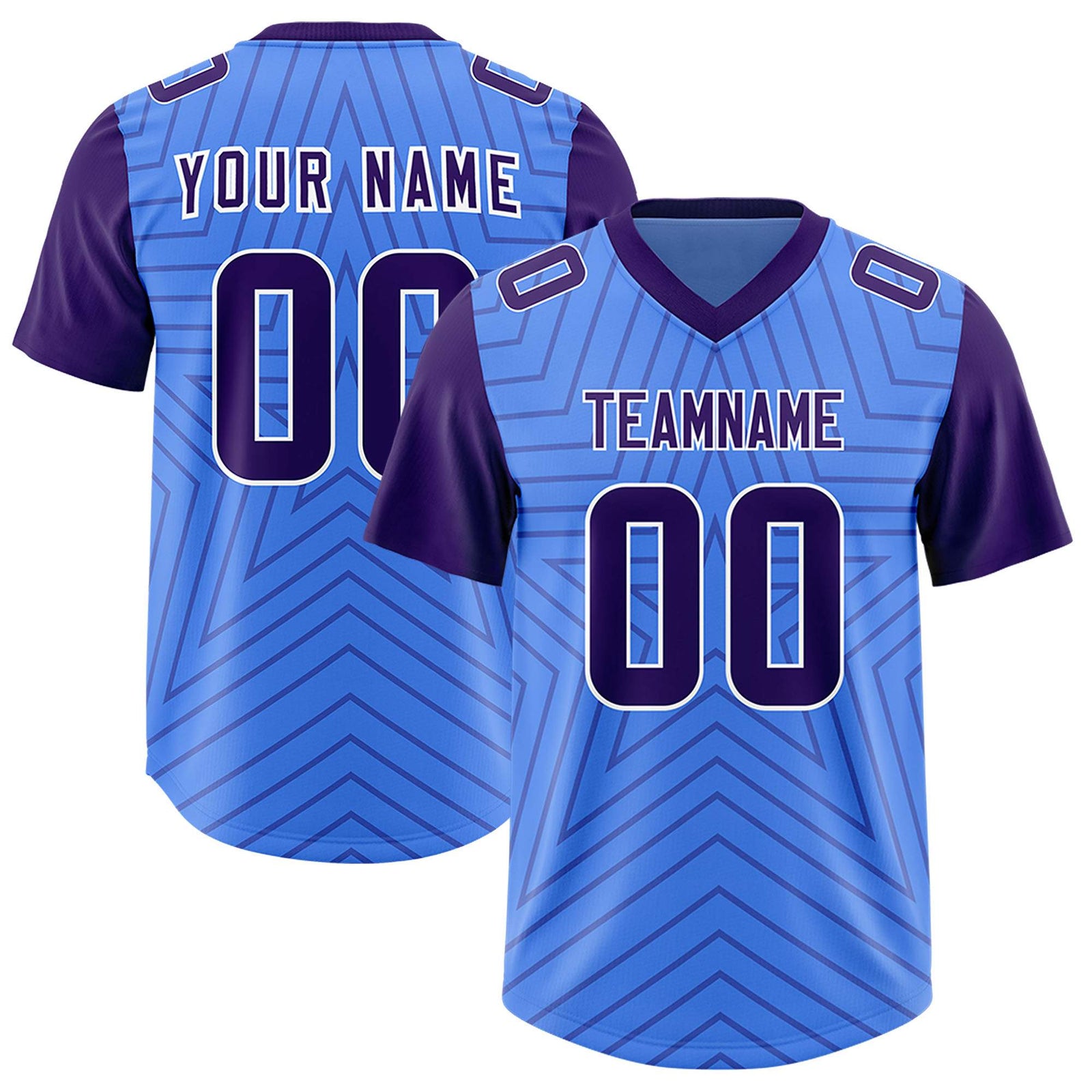 Custom Powder Blue Purple Personalized Star Pattern Raglan Sleeves Authentic Football Jersey