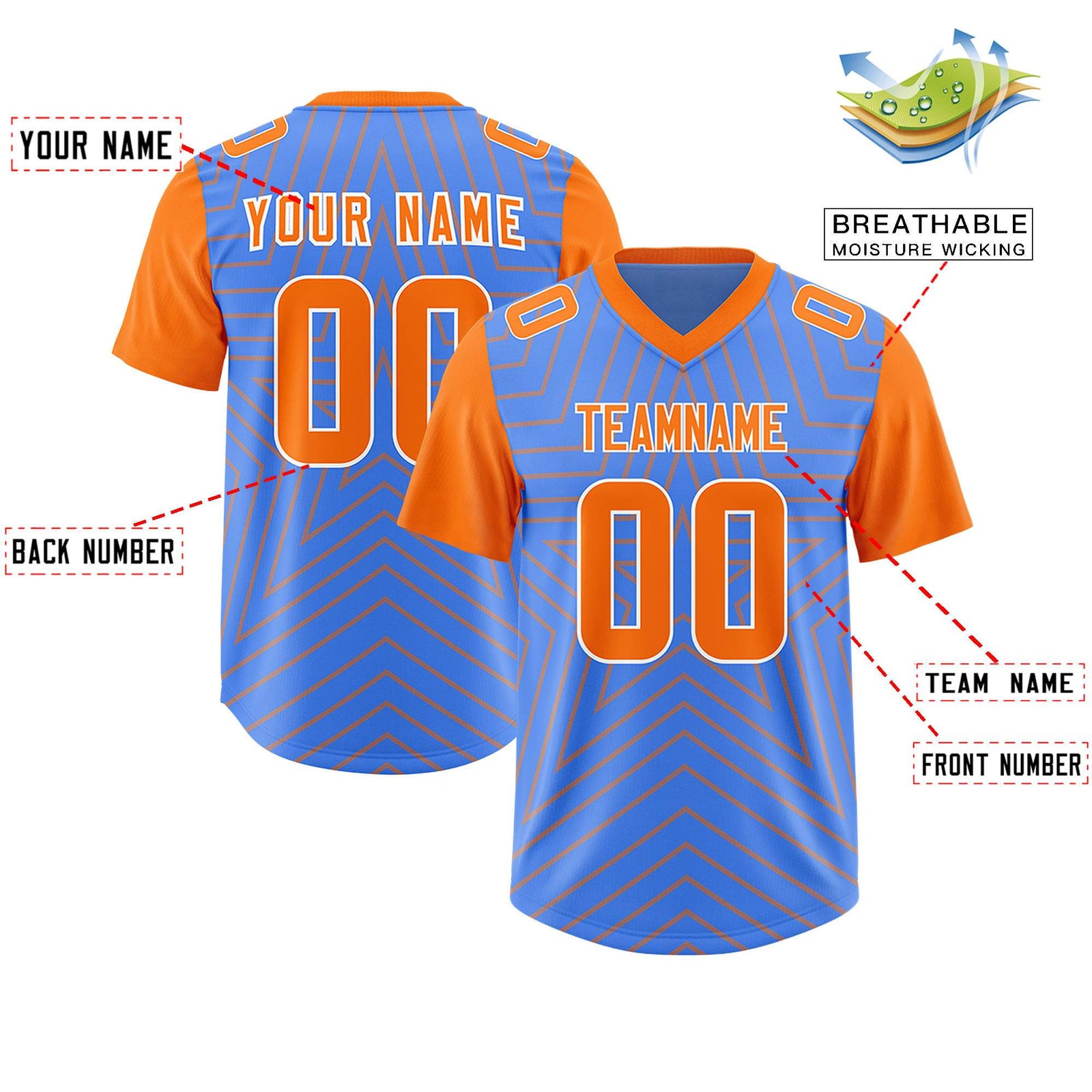 Custom Powder Blue Orange Personalized Star Pattern Raglan Sleeves Authentic Football Jersey