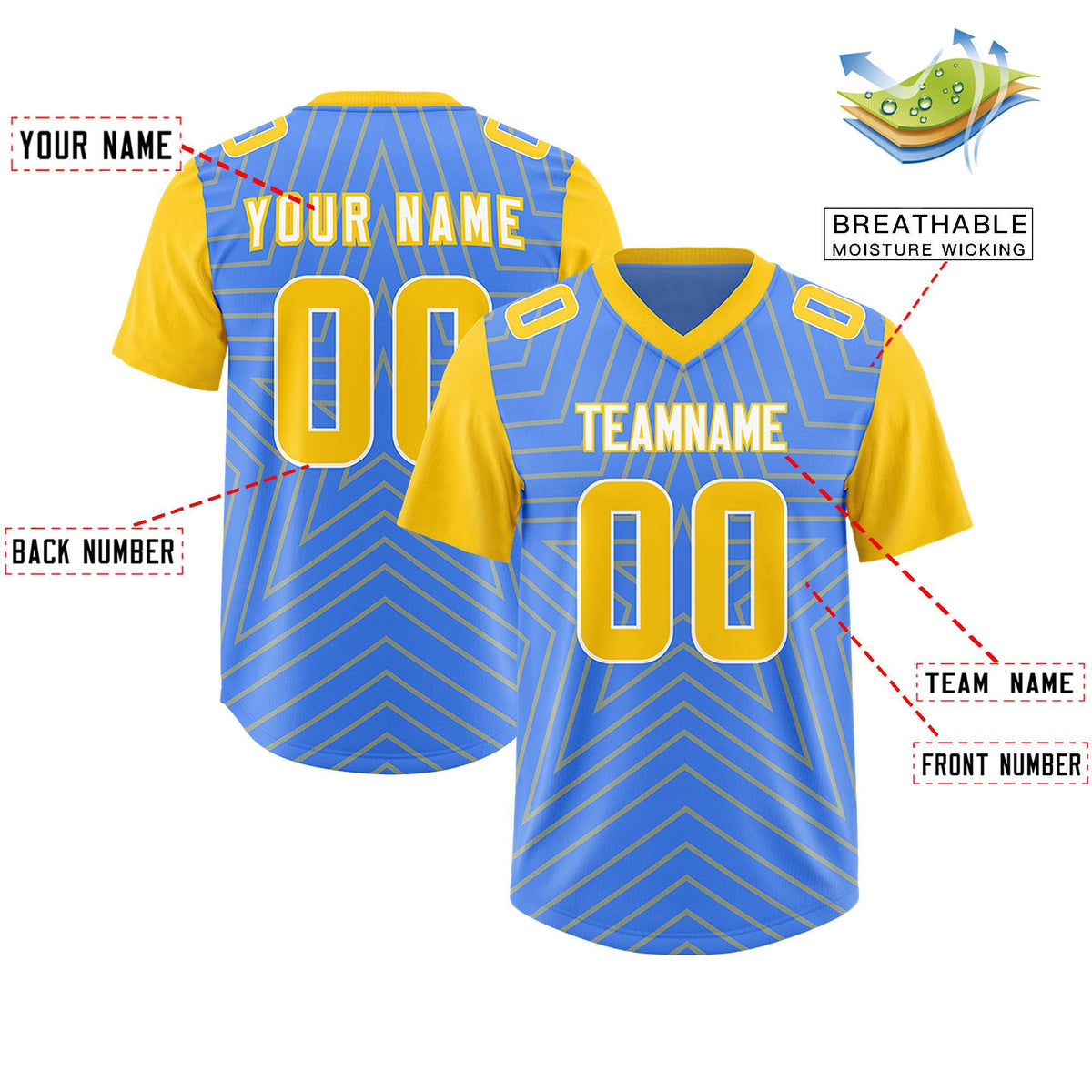 Custom Powder Blue Gold Personalized Star Pattern Raglan Sleeves Authentic Football Jersey
