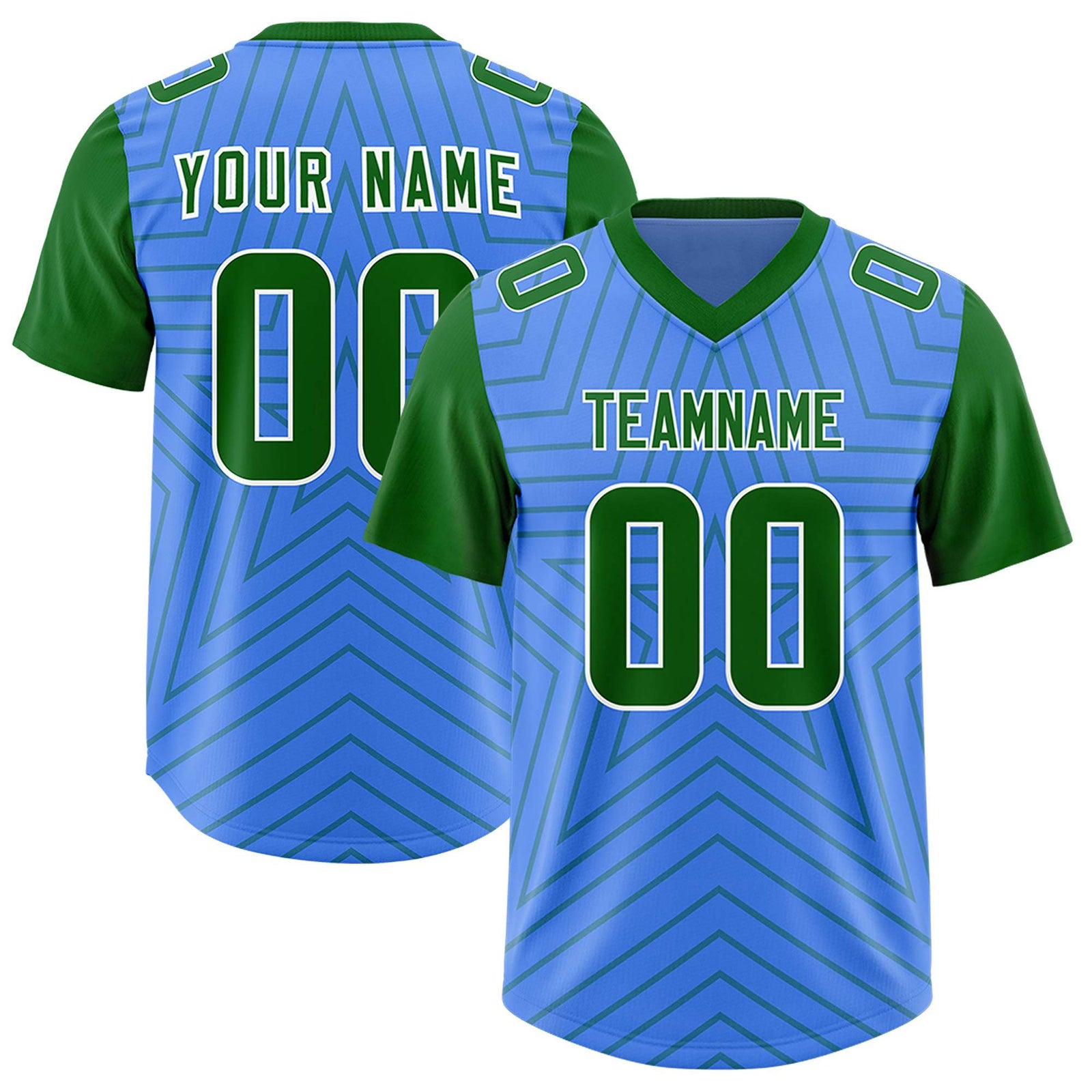 Custom Powder Blue Kelly Green Personalized Star Pattern Raglan Sleeves Authentic Football Jersey