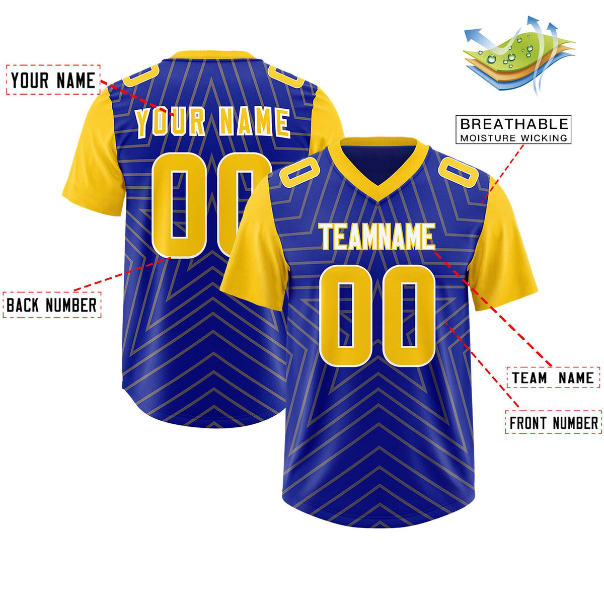 Custom Royal Gold Personalized Star Pattern Raglan Sleeves Authentic Football Jersey