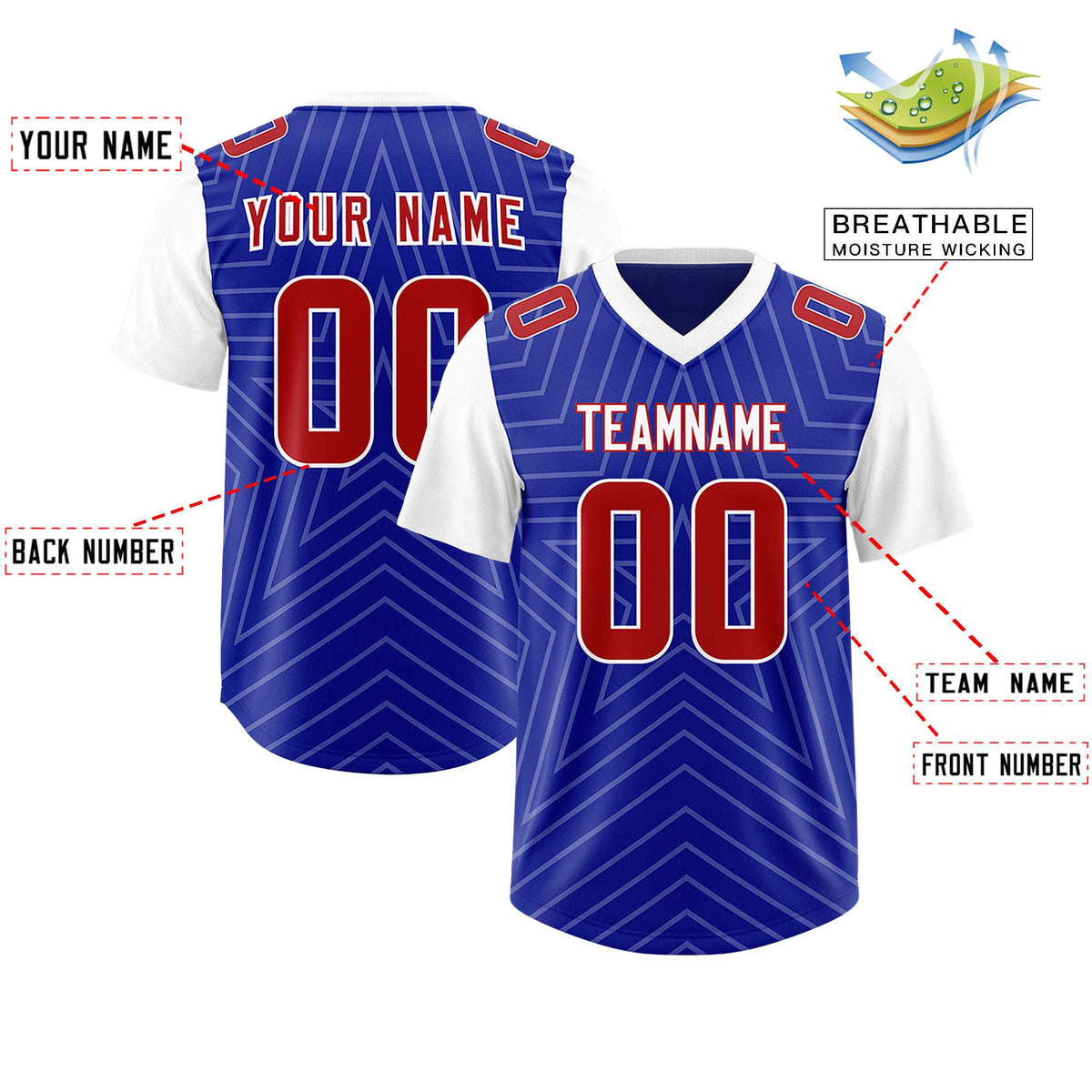 Custom Royal White Personalized Star Pattern Raglan Sleeves Authentic Football Jersey