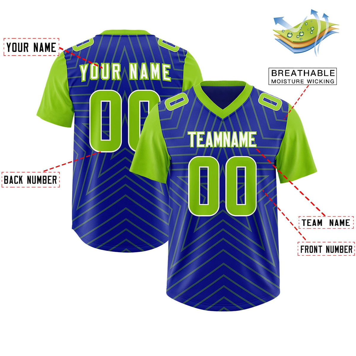 Custom Royal Neon Green Personalized Star Pattern Raglan Sleeves Authentic Football Jersey