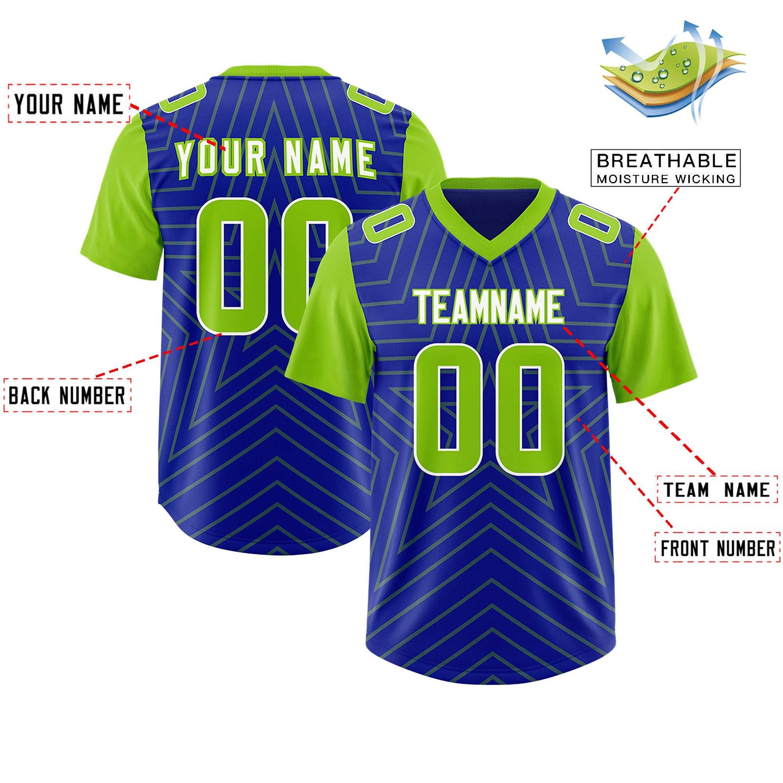 Custom Royal Neon Green Personalized Star Pattern Raglan Sleeves Authentic Football Jersey