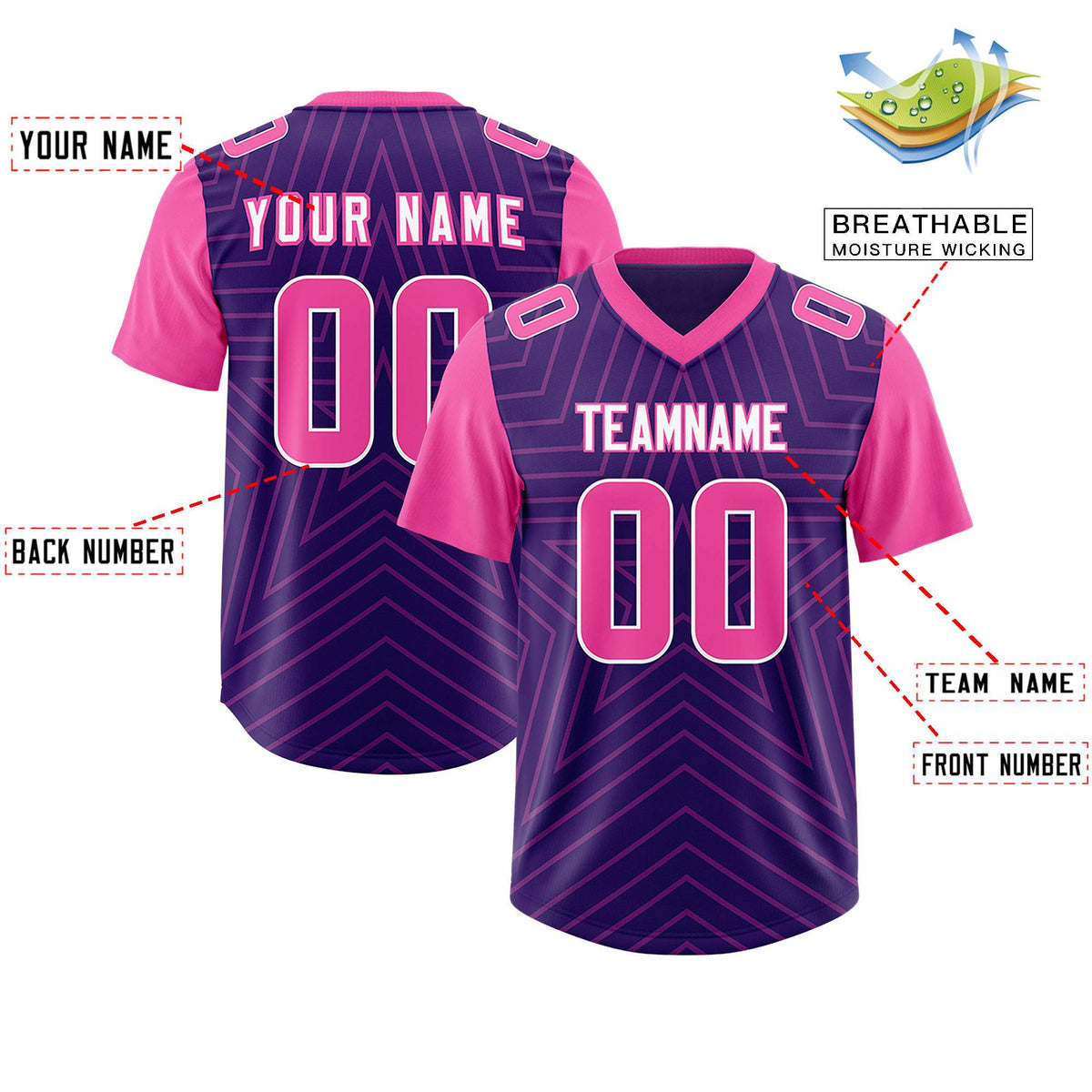 Custom Purple Pink Personalized Star Pattern Raglan Sleeves Authentic Football Jersey