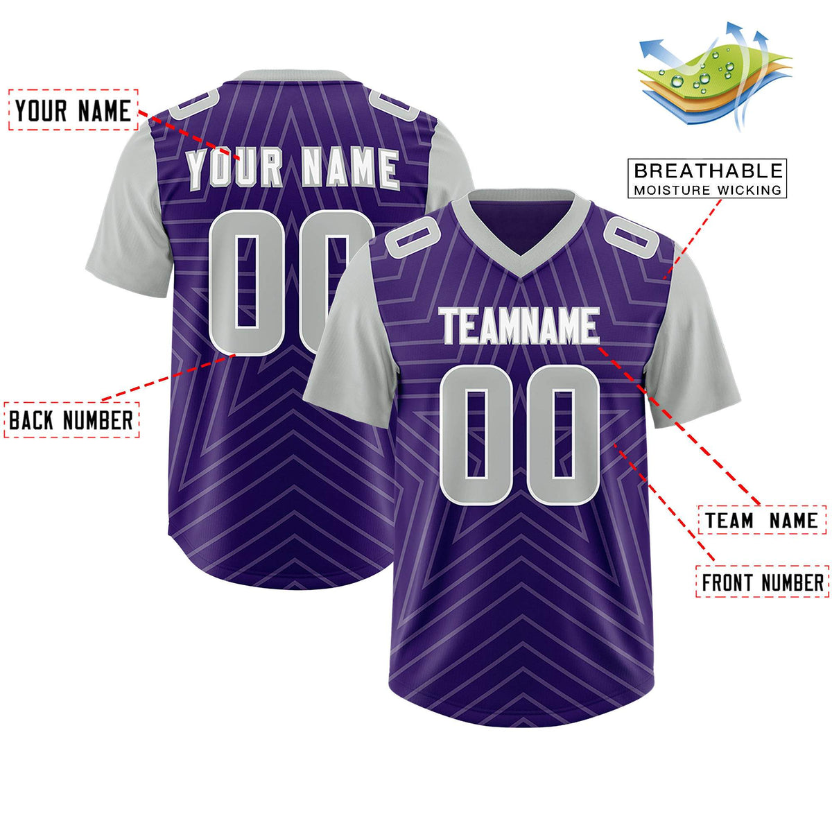 Custom Purple Gray Personalized Star Pattern Raglan Sleeves Authentic Football Jersey