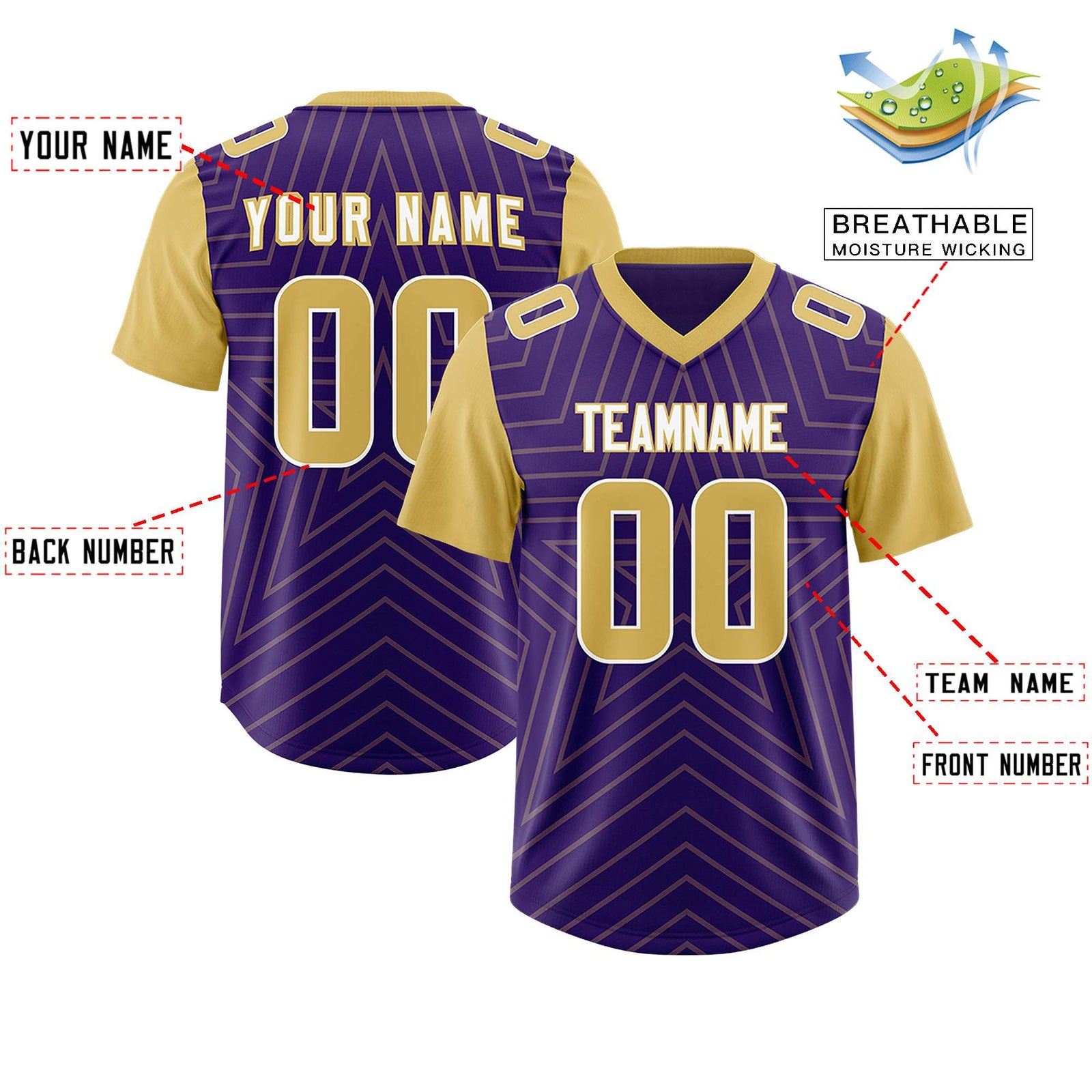 Custom Purple Old Gold Personalized Star Pattern Raglan Sleeves Authentic Football Jersey