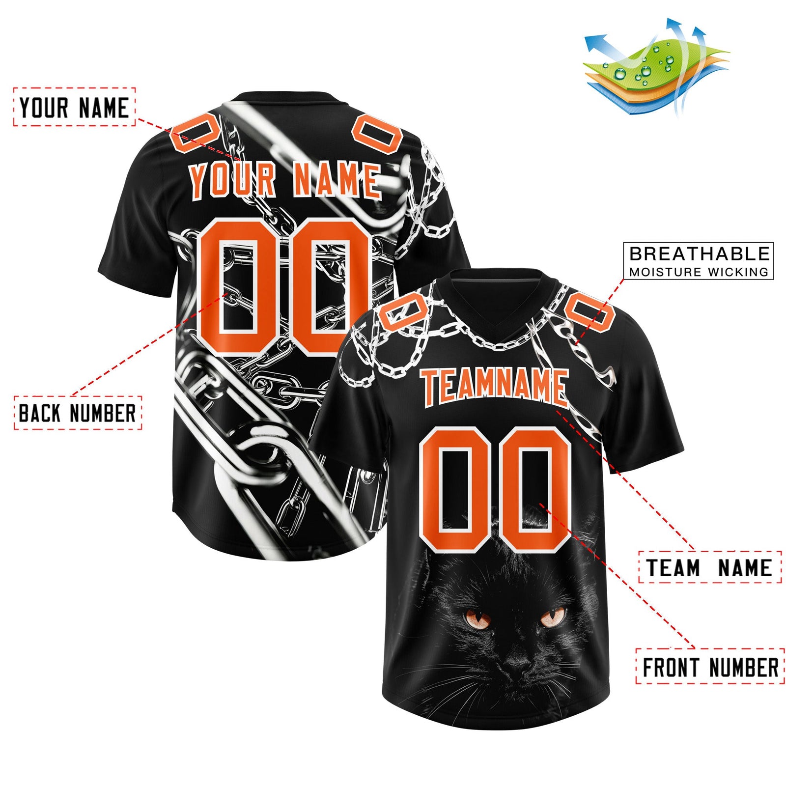 Custom Black Orange Graffiti Pattern Chains Football Jersey| KXKSHOP